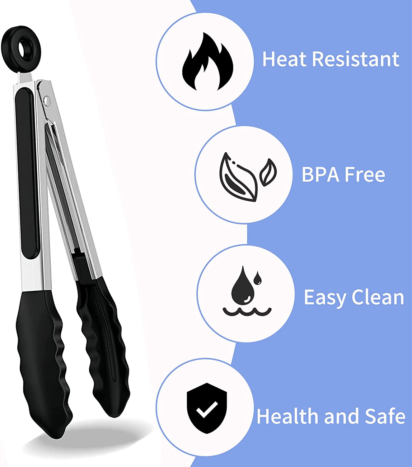 Kitchen Tongs Heat Resistant 480℉ - Set of 3 (7", 9" & 12"), Premium Stainless Steel Locking Cooking Tongs with Silicone Tips - Non-Stick & Non-Slip, Heavy Duty Food Tongs for Cooking, BBQ, Black image number 5