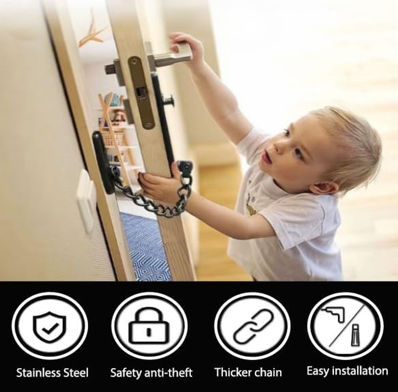 Security Door Chain Lock, Heavy - Duty Stainless Steel Door Guard with 2 Installation Methods (Screws & Glue), anti - Theft Chain for Home, Hotel, Door, Window, Drawer, Cabinet（1 Pack, Black） image number 2