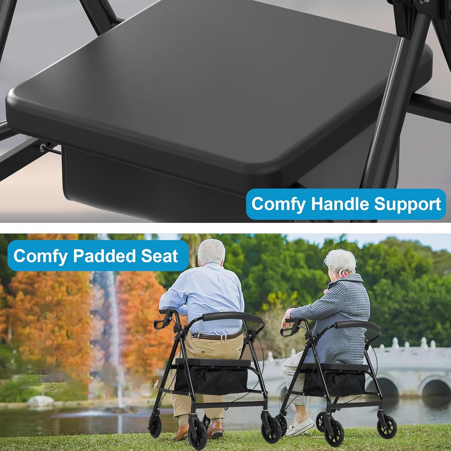 Advwin Lightweight Rollator Walker, 4-Wheel Folding Mobility Aid with Padded Seat, Dual Brake System, Adjustable Arms, and Under-Seat Storage Bag for Seniors and Elderly image number 2