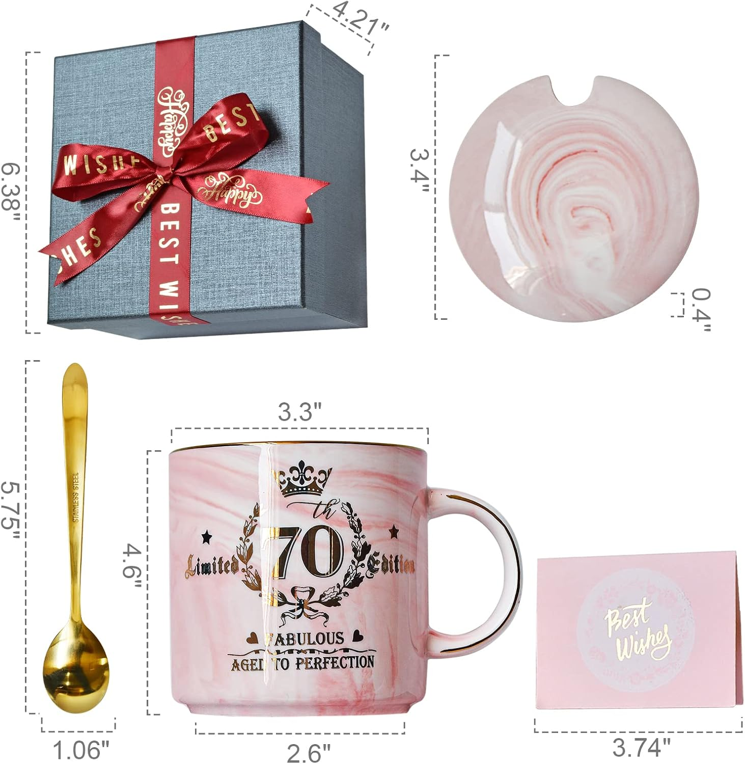 70Th Birthday Gifts for Women - 14Oz Pink Aged to Perfection Seventy Birthday Mug Printed with Gold - Happy Birthday Keepsakes Presents for 70 Years Old Grandma Mum Nanny, with Gift Box Lid Card Spoon image number 4