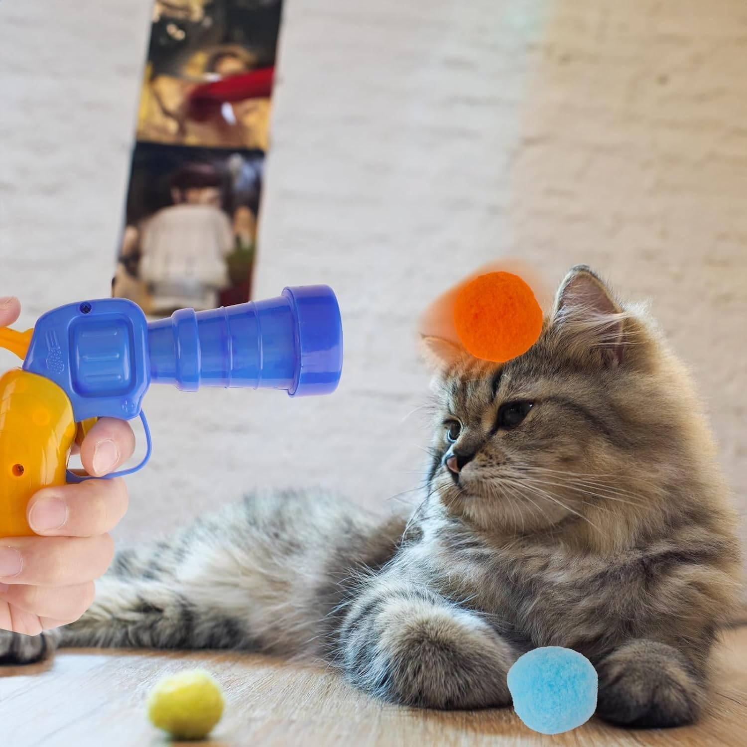 Cat Toy Balls, 100Pcs 1.2Inch Cat Pompom Ball and 1 Cat Ball Toy Launcher, Colorful and Soft Interactive Cat Balls, Active Cat Exercise Toys for Indoor image number 1