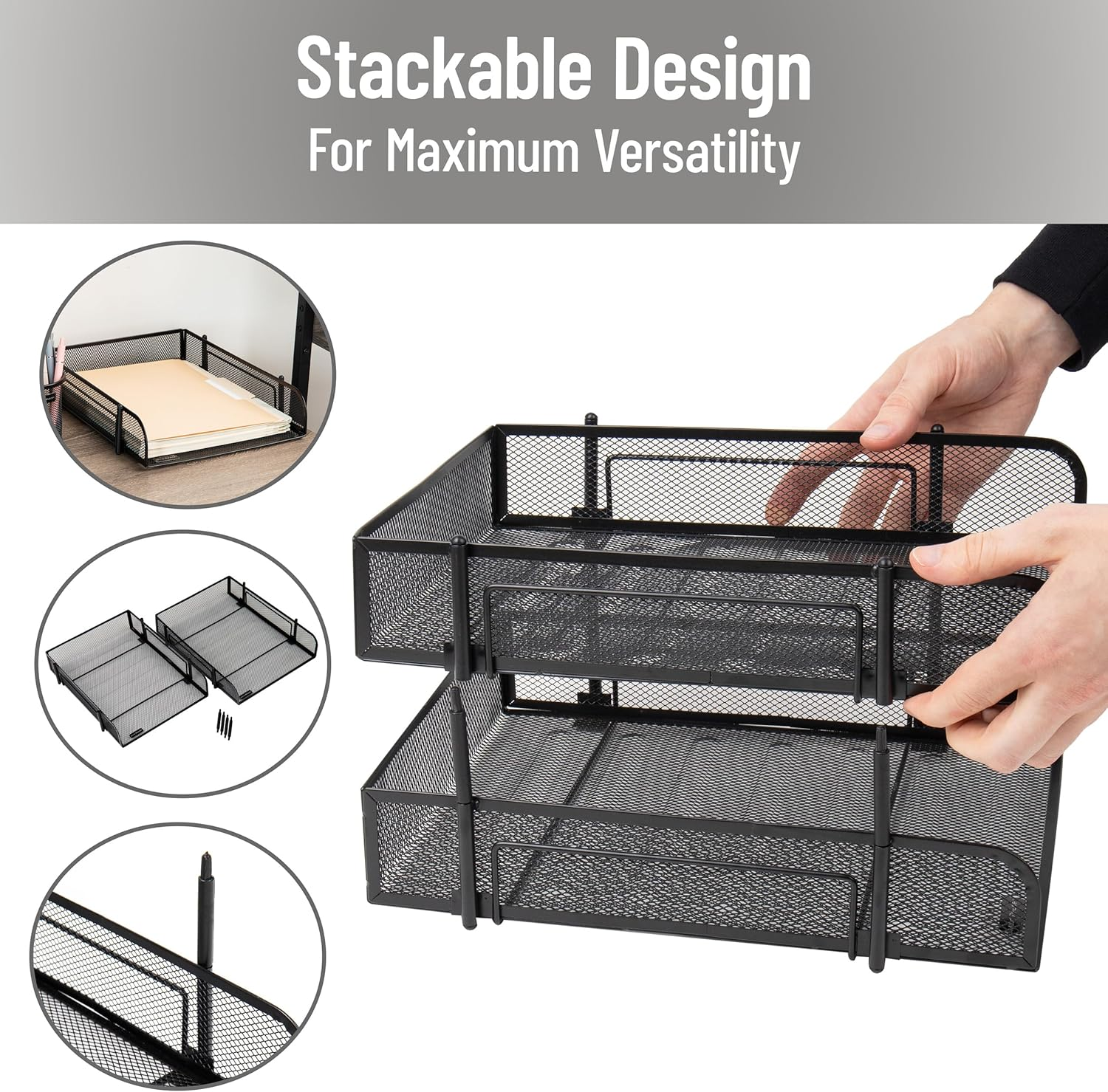 Mind Reader Stackable Paper Tray, Desktop Organizer, File Storage, Office, Metal Mesh, 10.5" L X 13.25" W X 7.5" H, 2 Pcs, Black image number 4