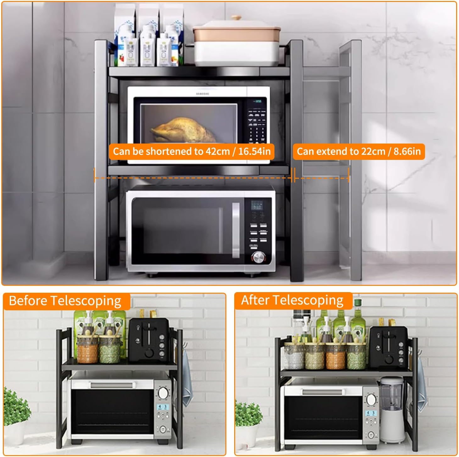 ZAOZAOLLND Microwave Oven Rack,2-Tier Expandable Microwave Stand Countertop Kitchen Utensils Tableware Storage (White, 3 Tier) image number 4