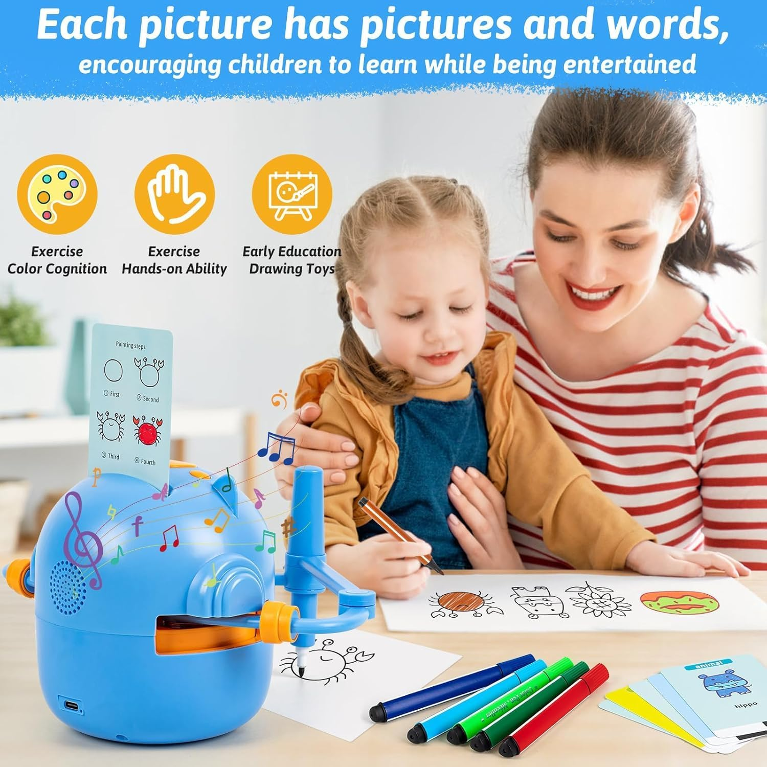 Drawing Robot for Kids, Interactive Educational Drawing Robot for Kids, Magic Painting Robot Toy with 100 Word Cards & 16 Color Pens for Girls and Boys Age (Blue)