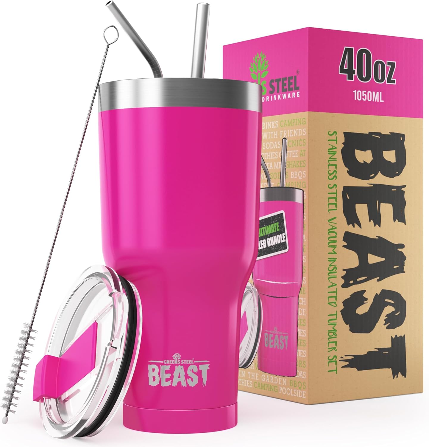Greens Steel Beast 40 Oz Tumbler Stainless Steel Vacuum Insulated Coffee Ice Cup Double Wall Travel Flask by &hellip; (Cupcake Pink) image number 6