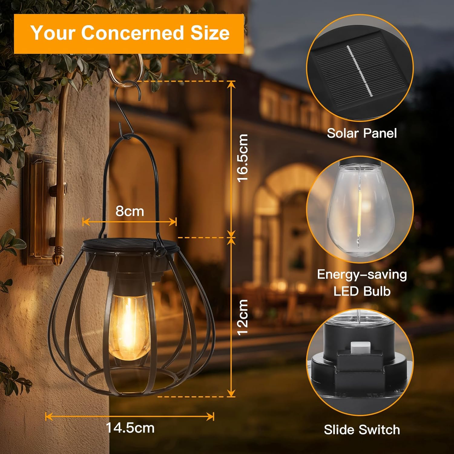 Dehobo Solar Lights for Outdoor Hanging / Standing, Pack of 2 - Solar Lanterns Outdoor Weatherproof - Solar Lanterns with LED Light Bulb Warm White for Garden Decoration, Balcony, Patio Decoration image number 3