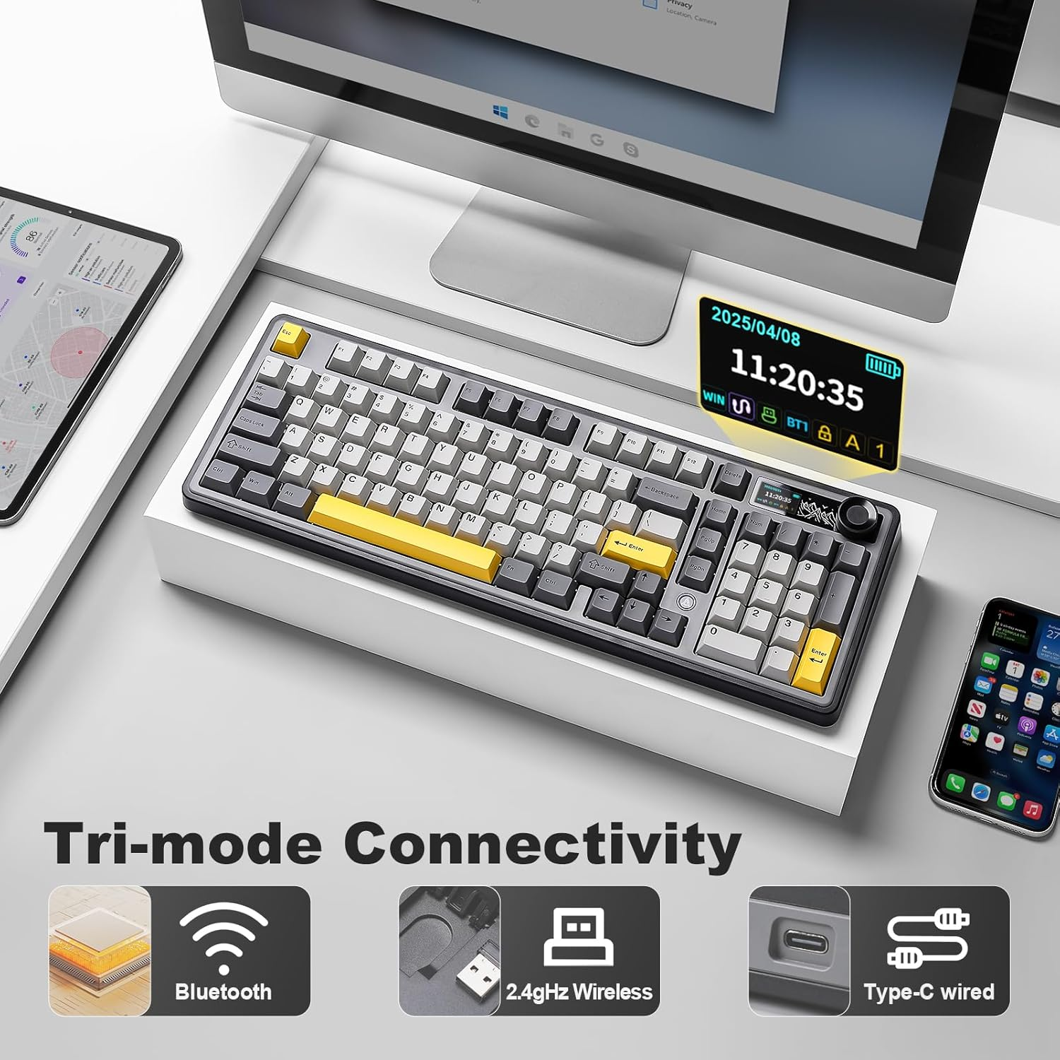 MIKIBY AJAZZ AK980 Wireless Keyboard with Smart Display & Knob,98% Mechanical Keyboard Tri-Mode BT/2.4G/USB-C, Hot Swappable, PBT Keycaps, with RGB Light for Win & Mac(Black,Murad Switch)