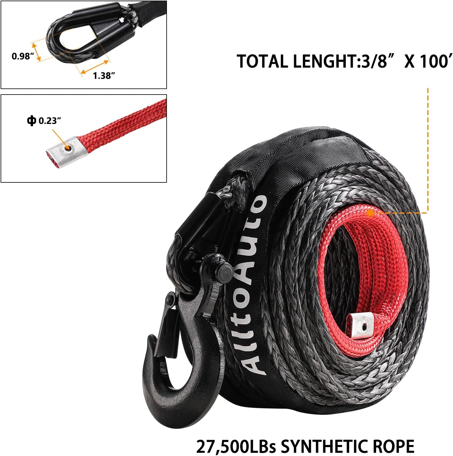 Alltoauto Winch Rope with Hook, 3/8" X 100'-25000Lbs Dyneema Synthetic Winch Rope Line Cable with Protective Sleeve for Truck 4WD Off-Road Vehicle Winch Accessory image number 5