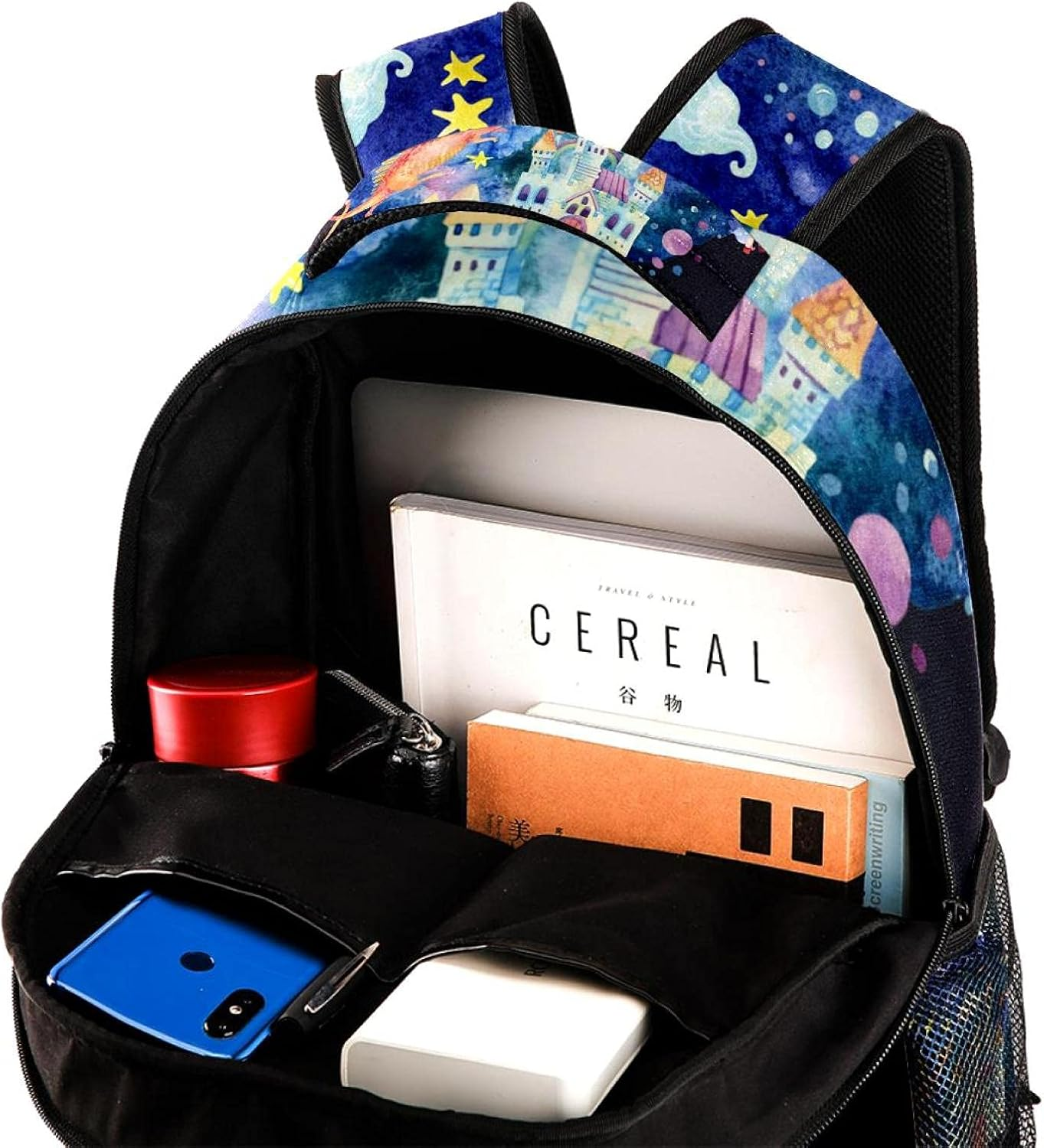 Starry Sky Moon and Sun Magic Castle Flying Dragon and Unicorn Backpack Students Shoulder Bags Travel Bag College School Tote Backpacks image number 2