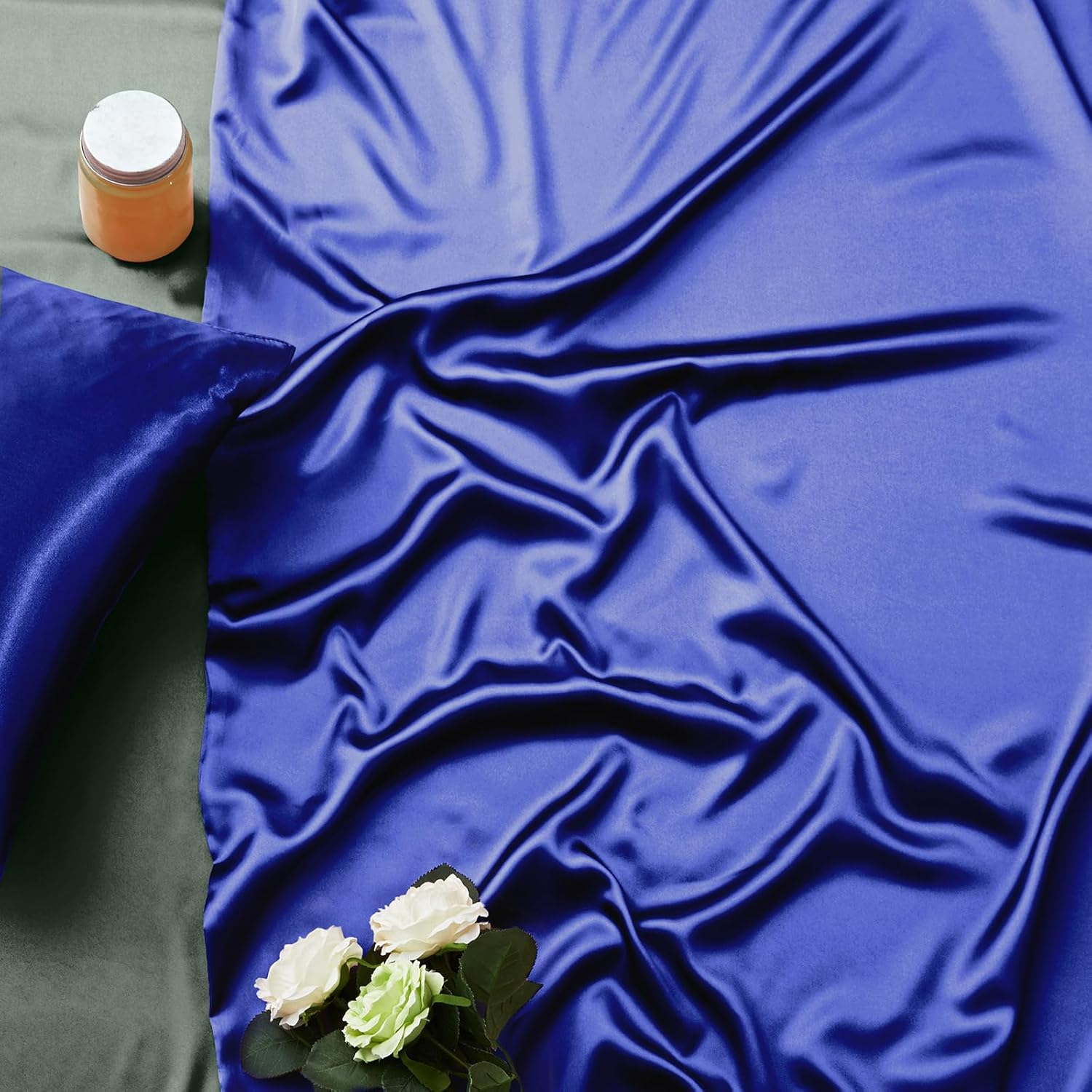 Manyshofu Royal Blue Satin Duvet Cover Set, Queen Size - 6Pc Bed Linen Set with Fitted Sheet & 4 Pillowcases image number 6