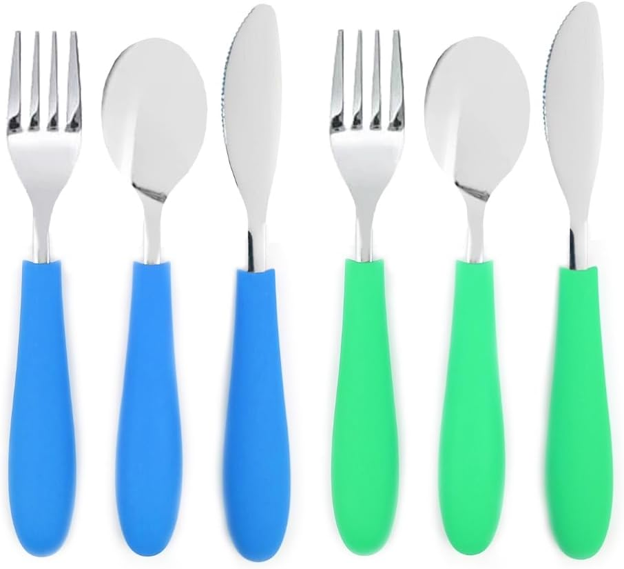 Elk and Friends Kids Silverware with Silicone Handle | Childrens Safe Flatware | Spoon + Fork + Knife Utensil Set | 4 Years+ | Stainless Steel Cutlery | Dishwasher Safe | 6 Pieces