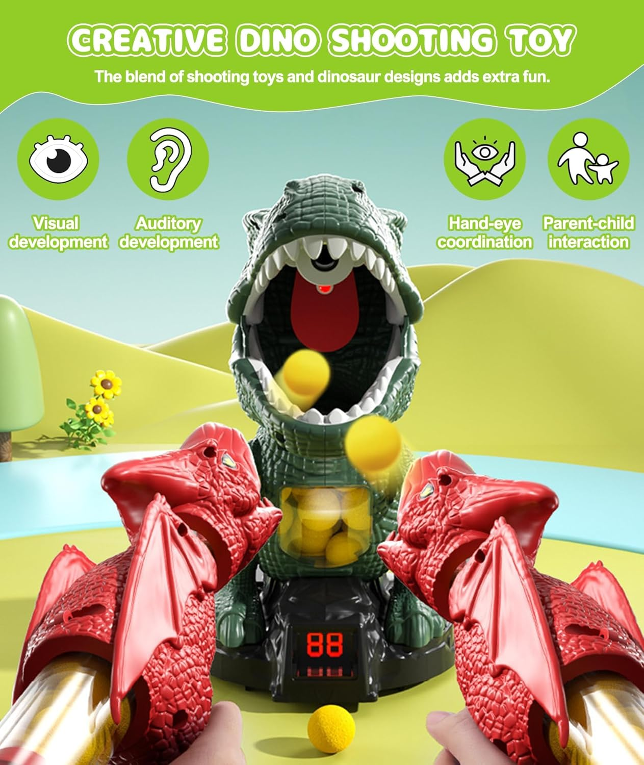 Movable Dinosaur Shooting Toy for Kids 3 4 5 6 7+ Years, 2 Air Pump Guns & 48 Foam Balls, LED Score + Spray Sound, T-Rex Target Game image number 2