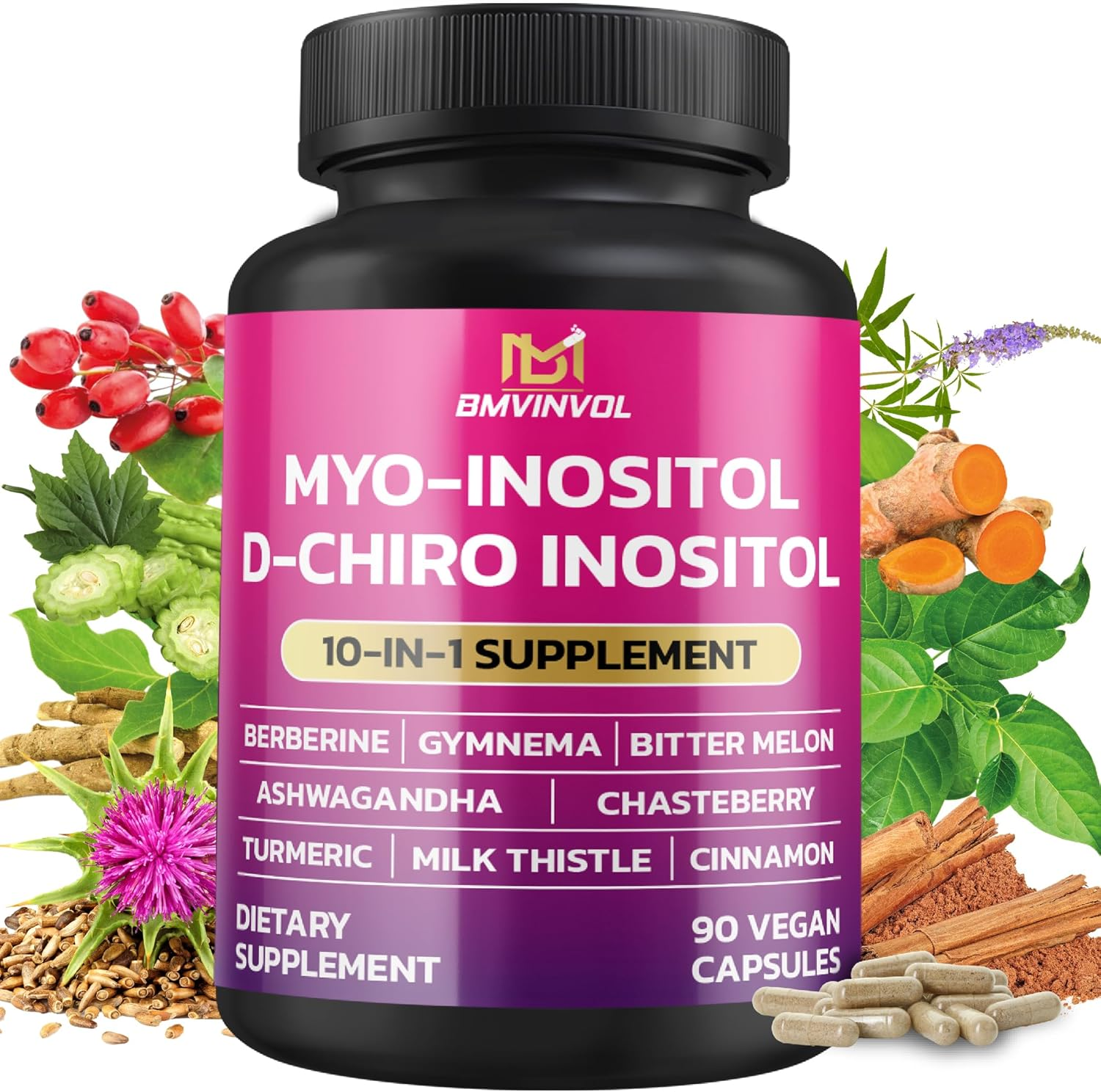 Inositol Supplement - Myo-Inositol and D-Chiro Inositol Ideal 40:1 Ratio - plus Berberine, Cinnamon, Ashwagandha + 5 More - Healthy Hormone Balance & Healthy Ovarian Support for Women - 90 Capsules image number 4