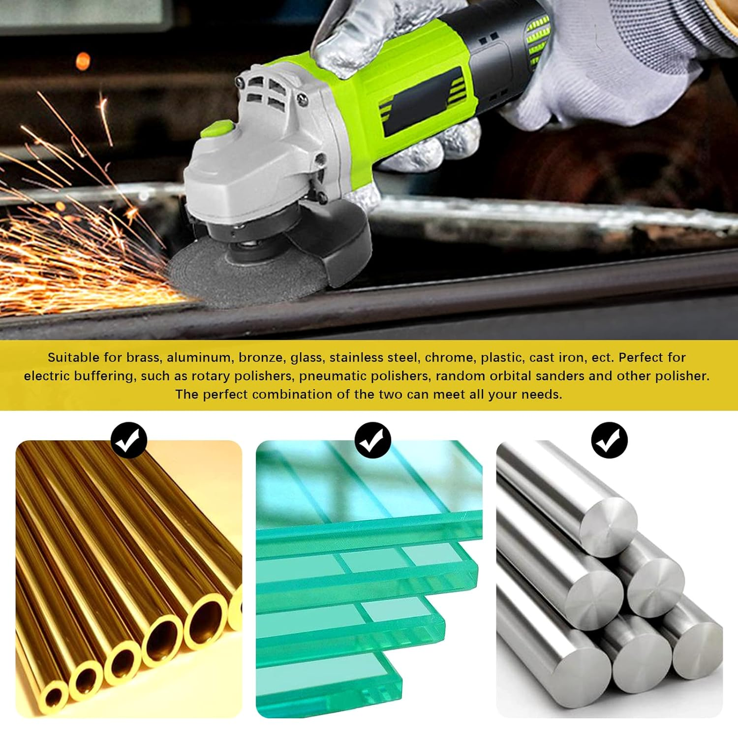 Mardatt 17 Pcs 4'' Polishing Buffering Wheels Assorted Set with Compound Includes 14 Pcs Wool & Nylon Fiber Sanding Flap Discs and 3Pcs Black, Brown & Green Compounds for Angle Grinder image number 3