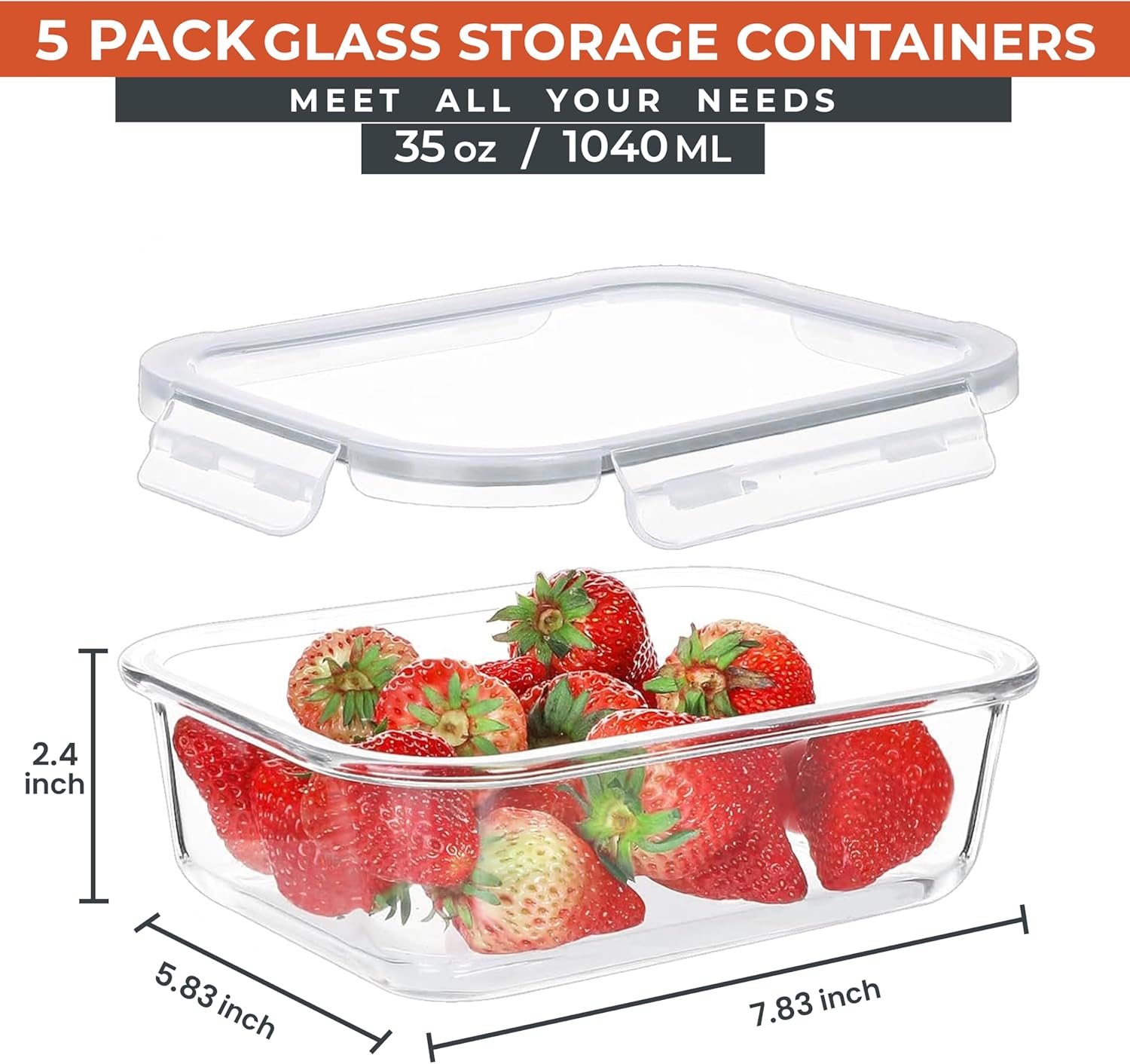 RFAQK Glass Food Storage Containers 5 Pack, 35OZ (5Containers&5Lids) Airtight Meal Prep Containers for Kitchen Storage & Organisation- Leakproof Lunch Box Safe for Oven,Freezer, Dishwasher
