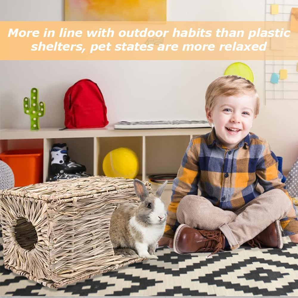 2 Pcs Foldable Grass Woven Animal House/Edible Bunny Hut,Natural Hand Woven Rabbit Cage & Seagrass Hay Bed, Grass House for Rabbit,Totoro,Guinea Pig image number 2