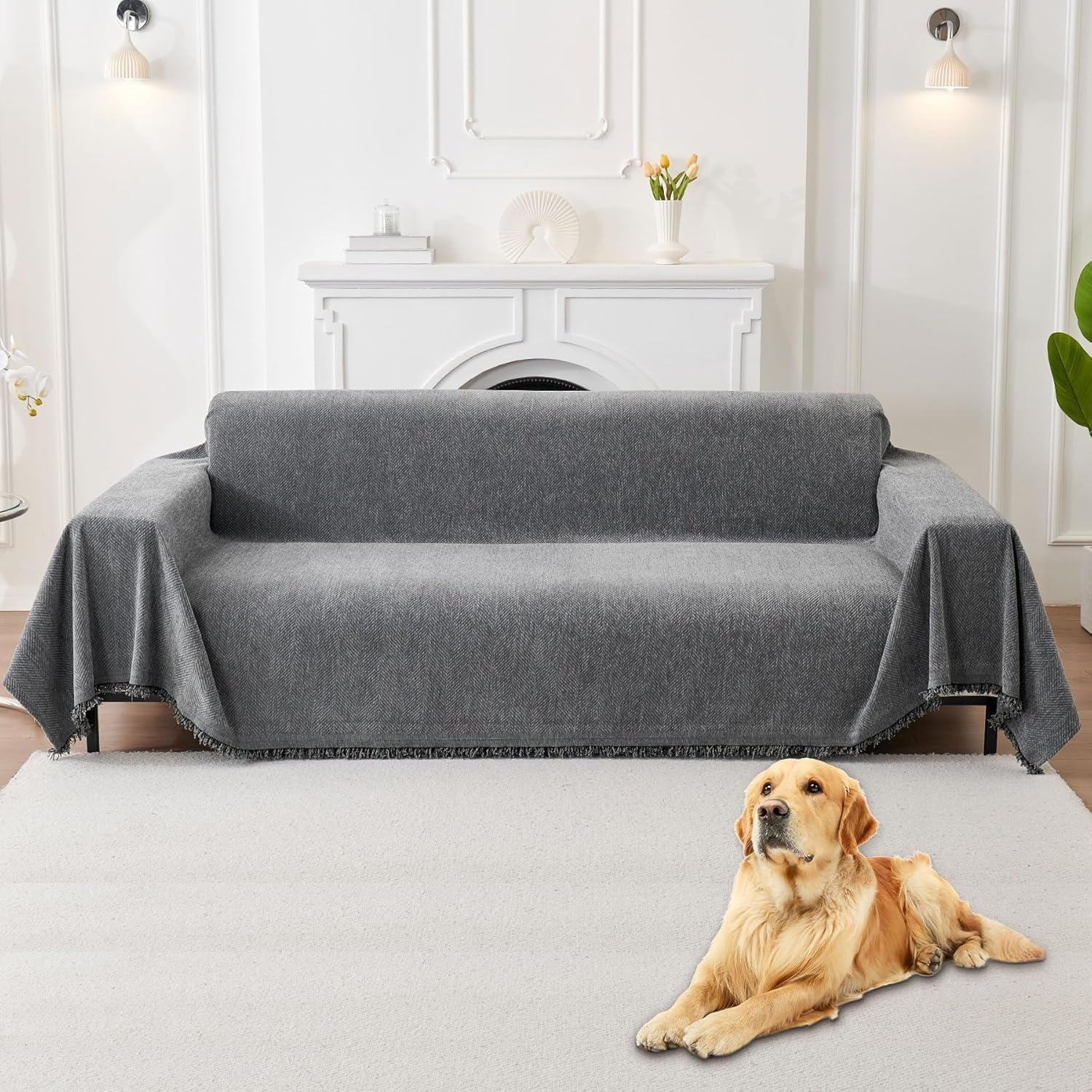 Couch Cover for Pets, Couch Covers for 2 Cushion Couch Sofa Sectional L Shape Chenille Sofa Cushion Covers for Pets, Throw Couch for Dogs, Kids (Beige, 180 X 300Cm)