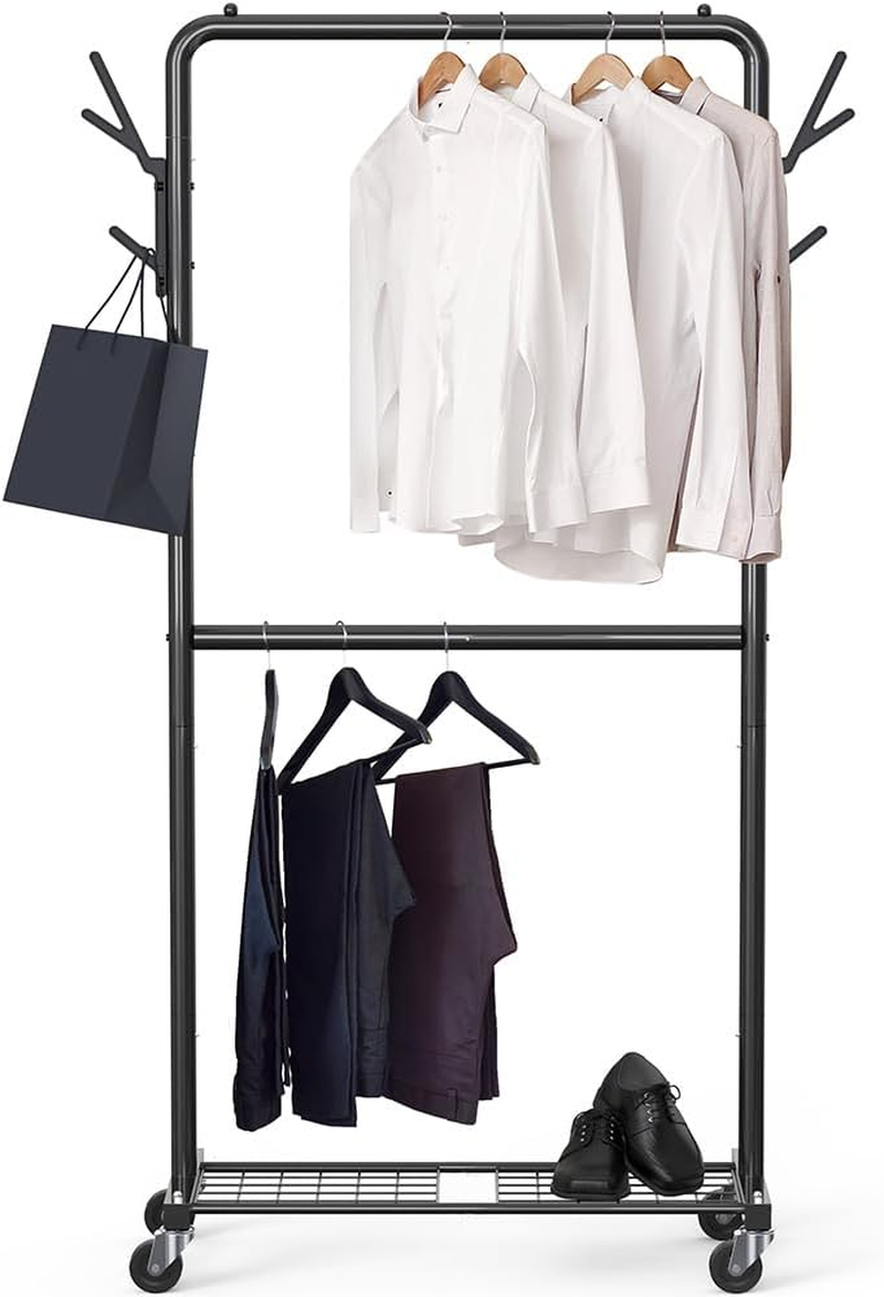 Simple Houseware 100-Cm Double Rod Clothes Rack with Wheels, Hooks and Wired Shelf, Black image number 2