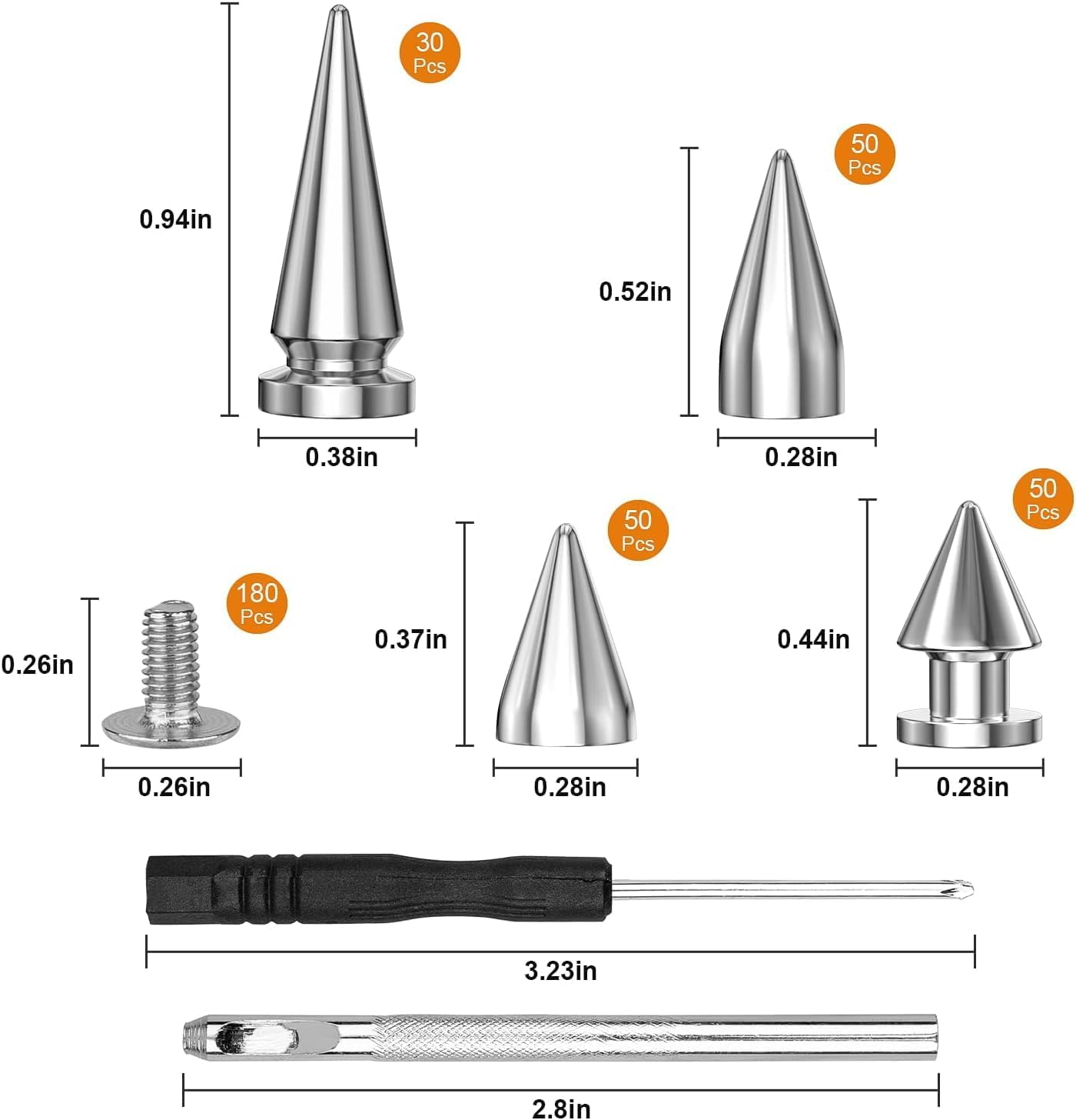 180 Sets Multiple Size Cone Spikes for Clothing Silver Color Screw, Studs and Spikes for DIY Leathercraft Decoration Punk Rock Style, Dog Collars Rivet for Leather Craft, Belts, Bags, Shoes (Silver) image number 2