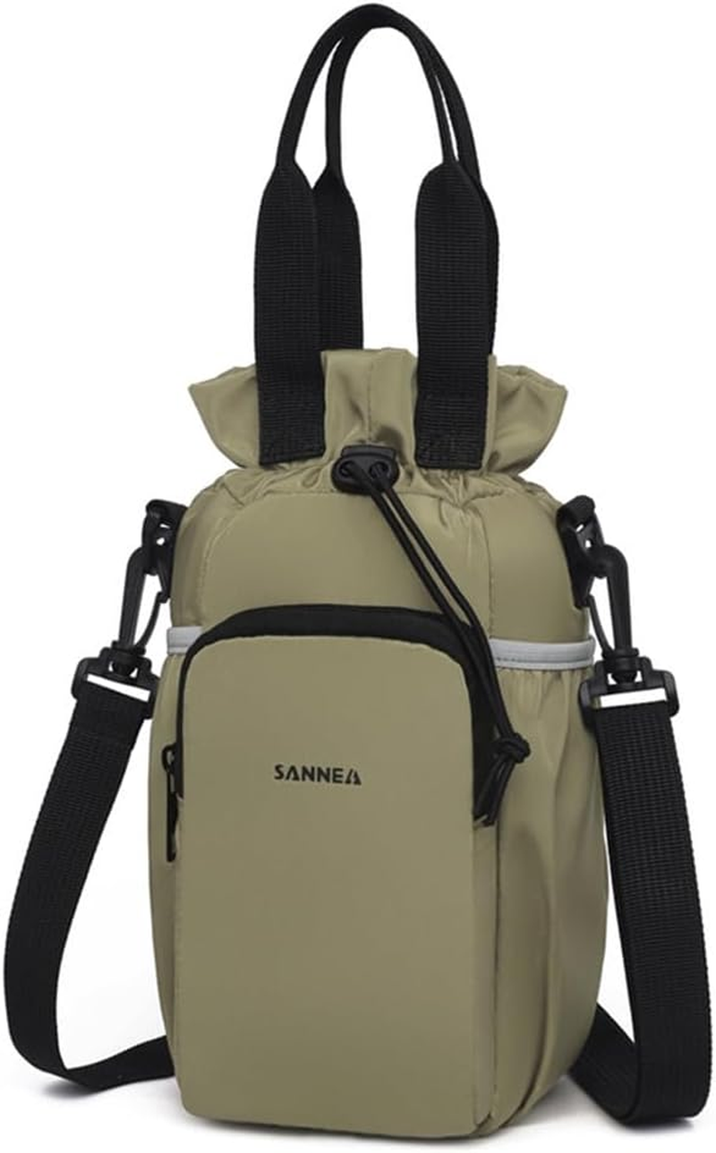 Water Bottle Carrier Bag,25Oz/40Oz/64Oz Bottle Pouch Holder,Adjustable Shoulder Hand Strap 2 Pocket Sling Sleeve Sports Accessories for Hiking Travelling Camping-Green