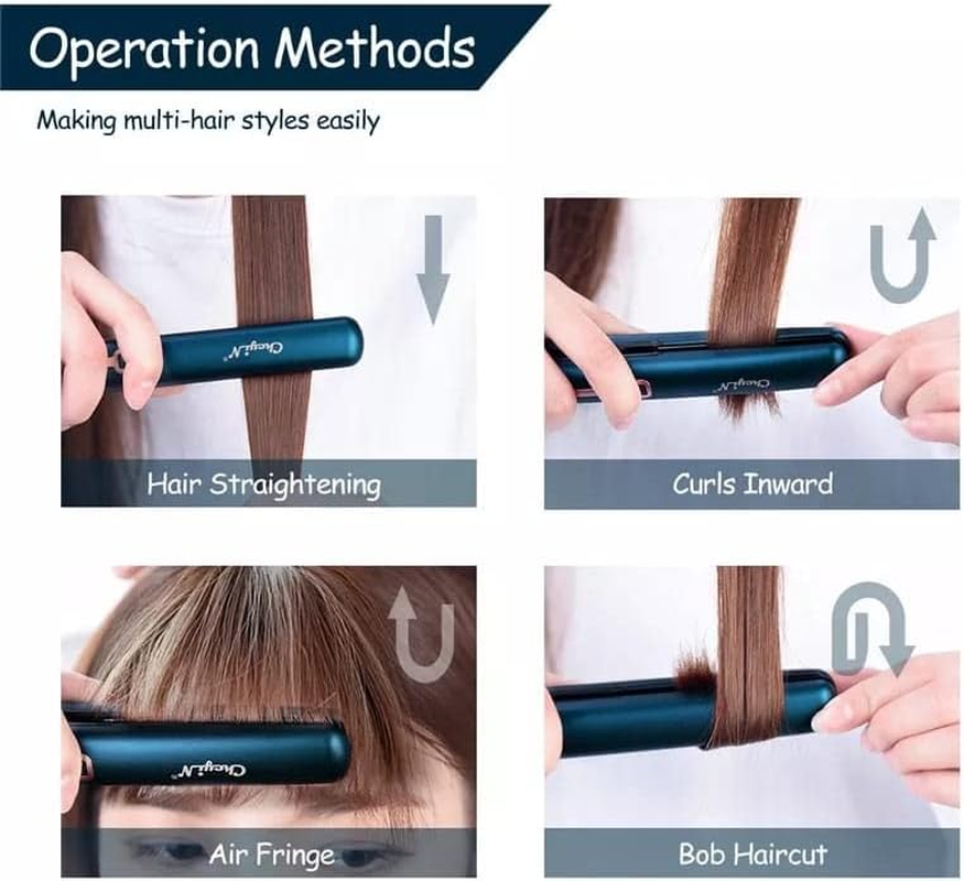 Mini Hair Straightener 2 in One Portable Hair Curler Flat Iron (Greenish Blue)