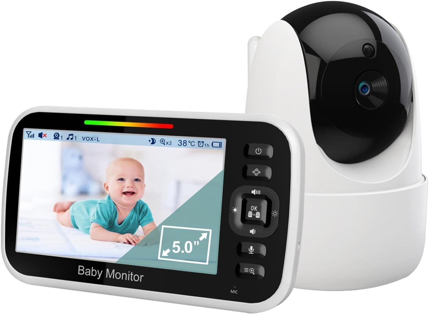 Baby Monitor with Camera and Audio, 5" LCD Display Portable Baby Camera Monitor No Wifi with Remote PTZ, Night Vision, 2-Way Talk, TEM & Humi Sensor, 4000Mah Battery, Lullabies, 1000Ft Range