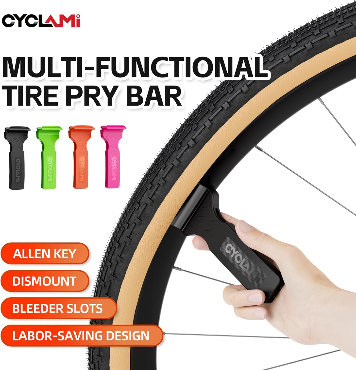 CYCLAMI 2-In-1 Bike Tire Levers Tool Kit - Ultra Strong Portable Tire Removal Crowbar for Road & Mountain Bikes - Durable Bicycle Tire Repair Tools, Easy Install/Remove for Standard Tires (Black) image number 6