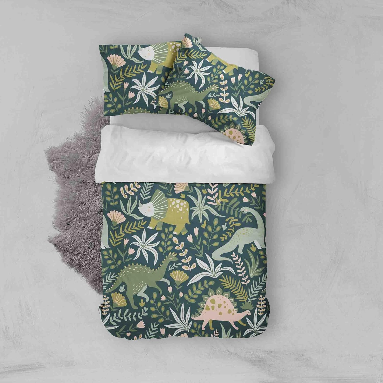 3D Green Animal Dinosaur Leaf Quilt Cover Set Bedding Set with Pillowcases, Single/Double/Queen/King Size (Single)