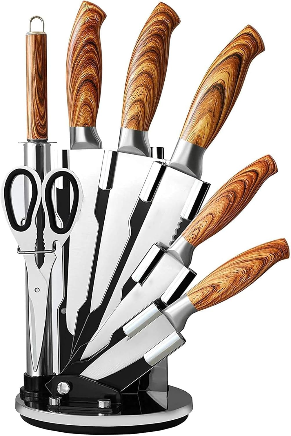 Kitchen Knife Set,6-Pieces Black Sharp Knife Set for Kitchen, Non-Stick Non-Slip Stainless Steel Chef Knife Set with Universal Knife Block Suitable for Home Restaurant (Wooden Handle Steel)