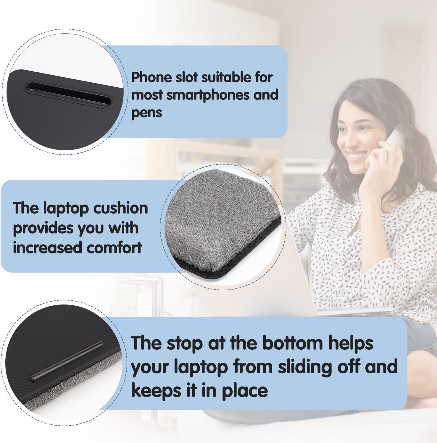 SEDISON Laptop Lap Desk Portable Laptop Table Stand for Bed with Device Ledge and Phone Holder Black Laptop Cushion Fits up to 15.6 Inch Laptops, Home Office Laptop Accessories image number 1