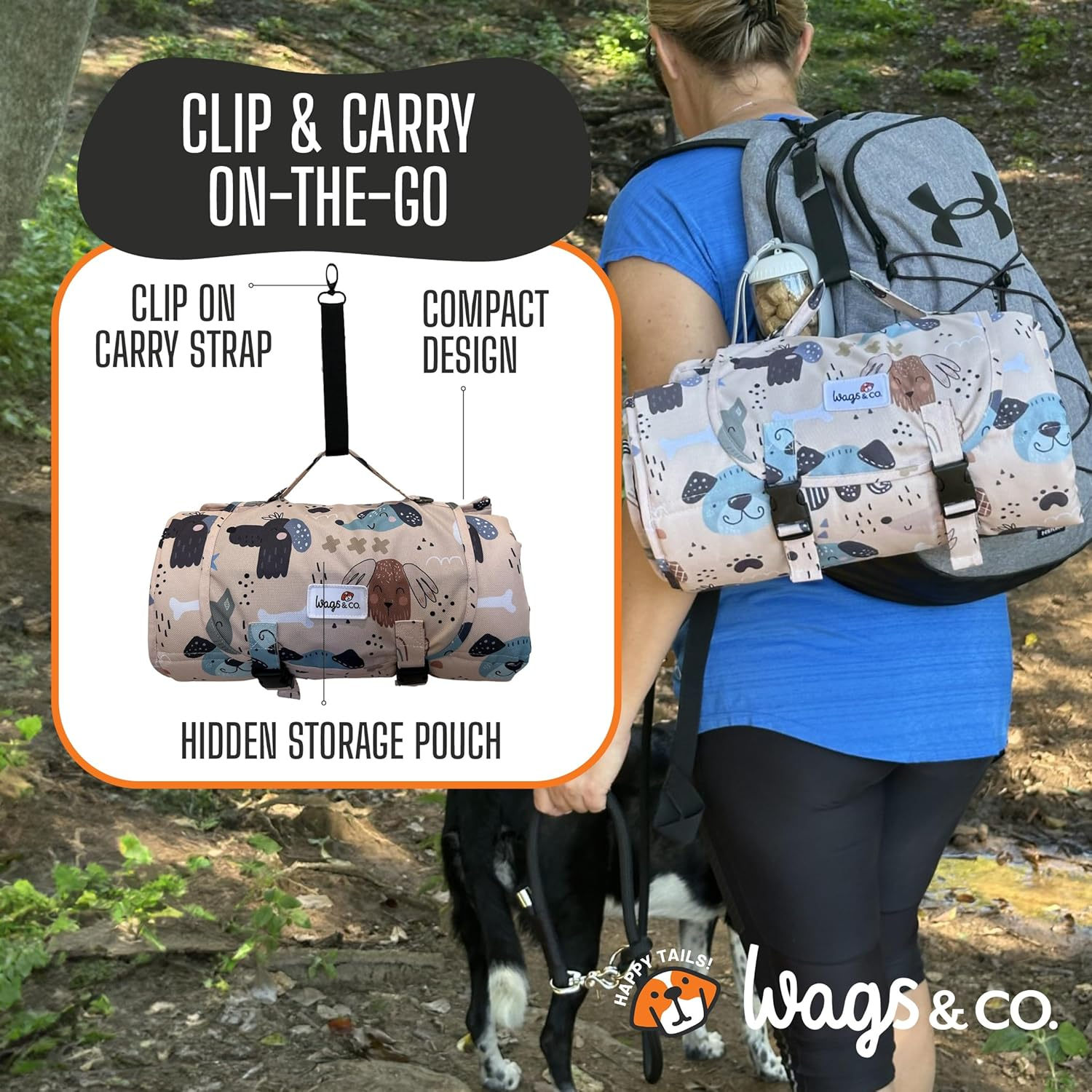 Canine COOSH - Outdoor Folding Dog Travel Mat - 70 X 100Cm. Durable, Easy-To-Clean, Portable Dog Bed for Beach, Bush, Camping, Travel, with Clip-On Carry Strap. (Happy Hounds) image number 4