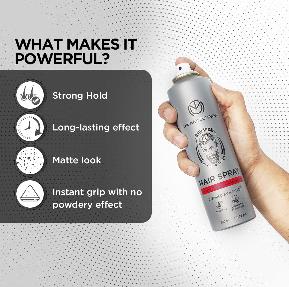 The Man Company Hair Styling Spray for Men - 250Ml | Strong Hold, Long Lasting, Matte Look & Instant Grip | Natural Shine, Non-Stick, Ultra Hard image number 3