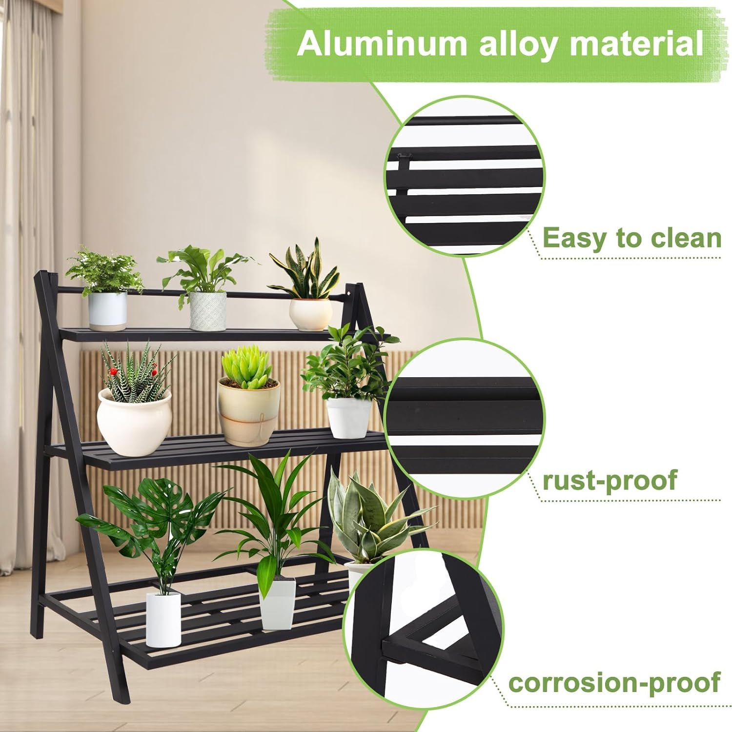 Plant Stand Indoor, Outdoor Plant Stands Aluminum Plant Shelf ,Anti-Rust Plant Holders Display Rack for Flower Pots,3 Tier & Black image number 5