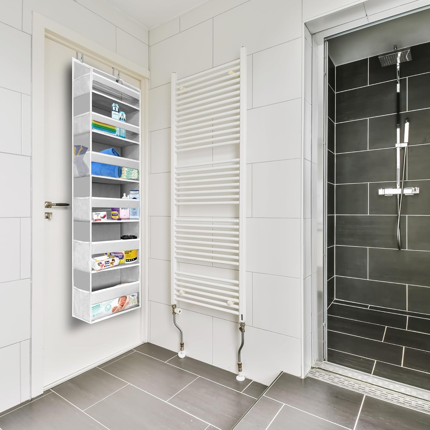 HOMELUX THEORY 1 PC Heavy Duty over the Door Organizer 55X14X6.7, 6 Large Front & 12 Side Pockets, Hanging Storage Closet Door Organizer for Bedroom, Bathroom and Baby Nursery Storage (Ivory)