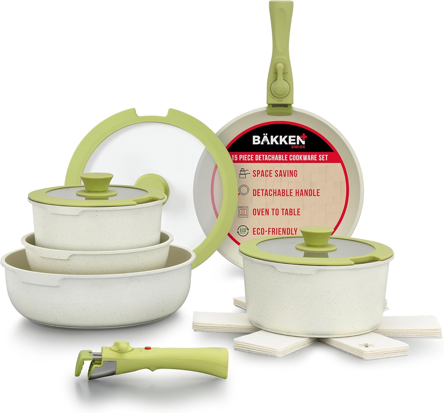 Bakken-Swiss Detachable 15-Piece Cookware Set &ndash; Granite Non-Stick &ndash; Eco-Friendly &ndash; Stackable Removable Handles &ndash; for All Stoves & Oven-Safe - Green/Cream Color