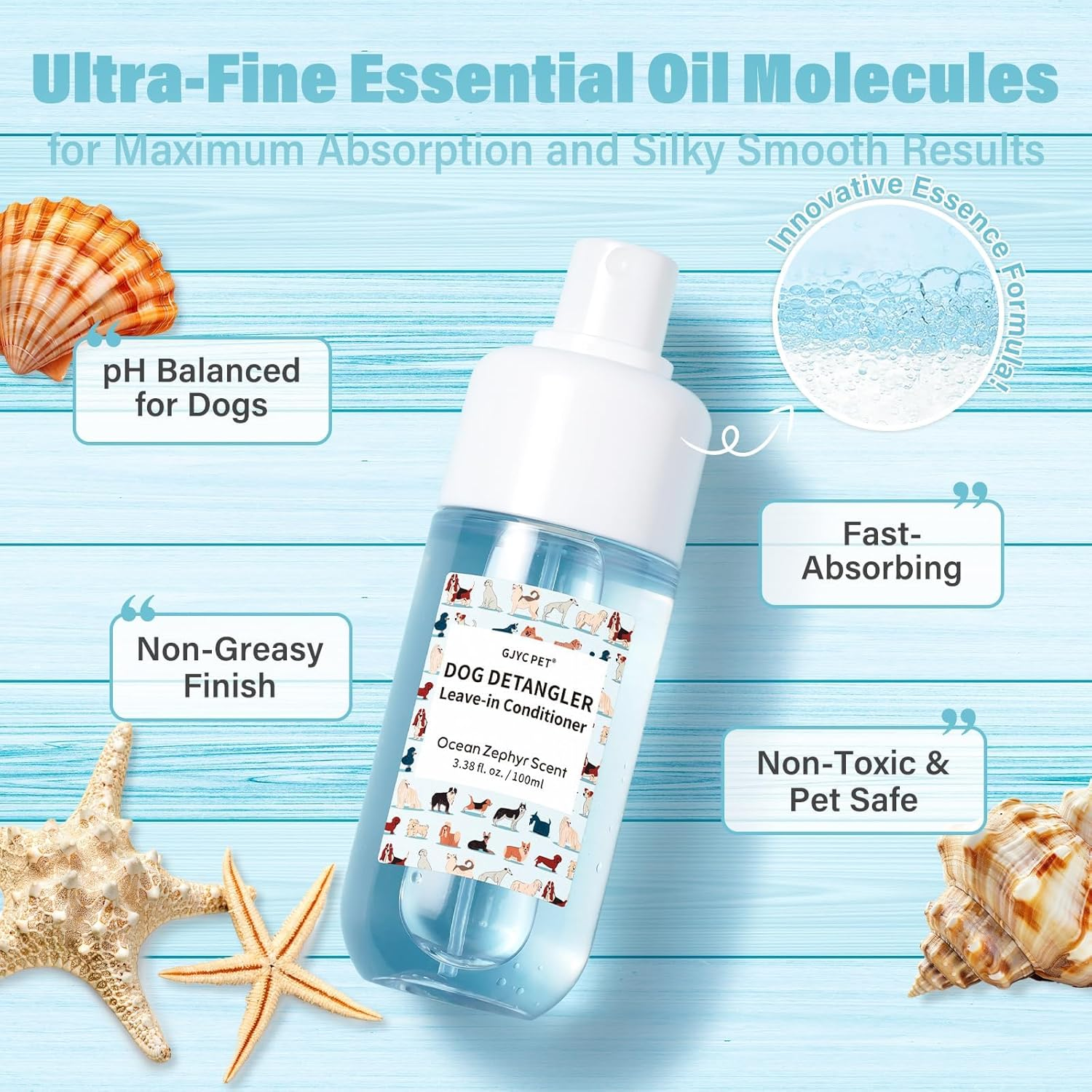 Dog Detangler & Dematting Spray - Leave-In Conditioner, Ocean Zephyr Scent | Jojoba Oil, Macadamia Oil, Sodium Hyaluronate for Silky, Tangle-Free Coat, 120Ml image number 1