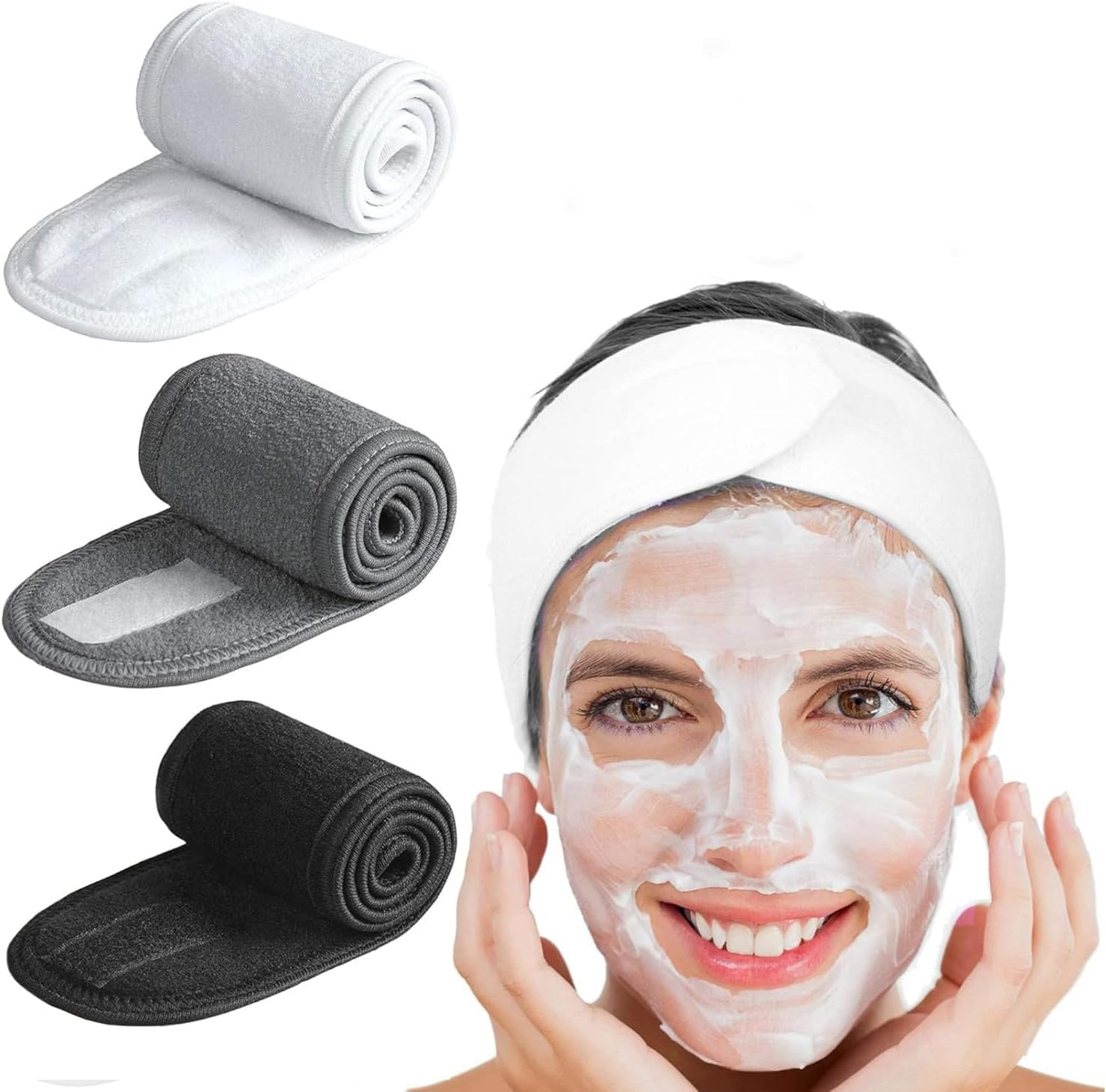 3 Pack Spa Headbands &ndash; Adjustable Skincare & Facial Head Wrap with Non-Slip Tape, Soft Terry Cloth Headband for Washing Face, Makeup, Shower, Yoga & Gym (Black, White, Grey)