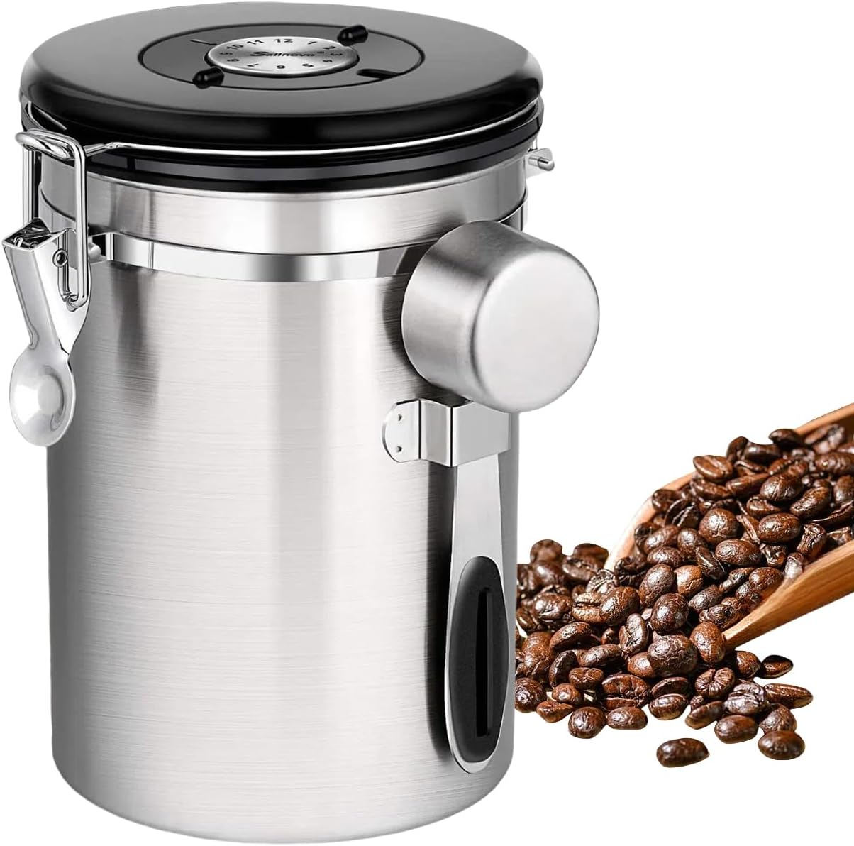Airtight Coffee Beans Canister, 1.8L Stainless Steel Container, Airtight Stainless Steel Food Storage Container with Date Tracker and Scoop for Grounds Coffee,Beans,Tea,Flour, Cereal,Sugar (Silvery) image number 1