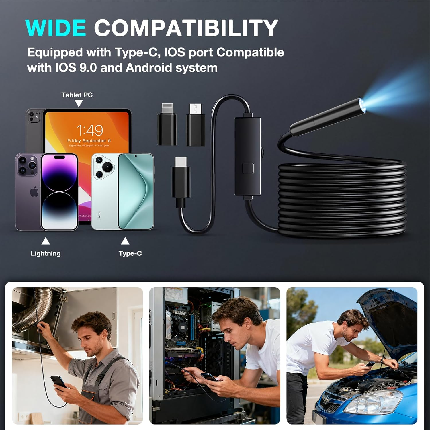 Endoscope Camera with Light, 5.5Mm1920P HD Borescope Inspection Cameras with 8 Adjustable LED Lights,Endoscope with Semi-Rigid Snake Camera for Android and Ios Smartphones, Samsung, Ipad,Iphone image number 3