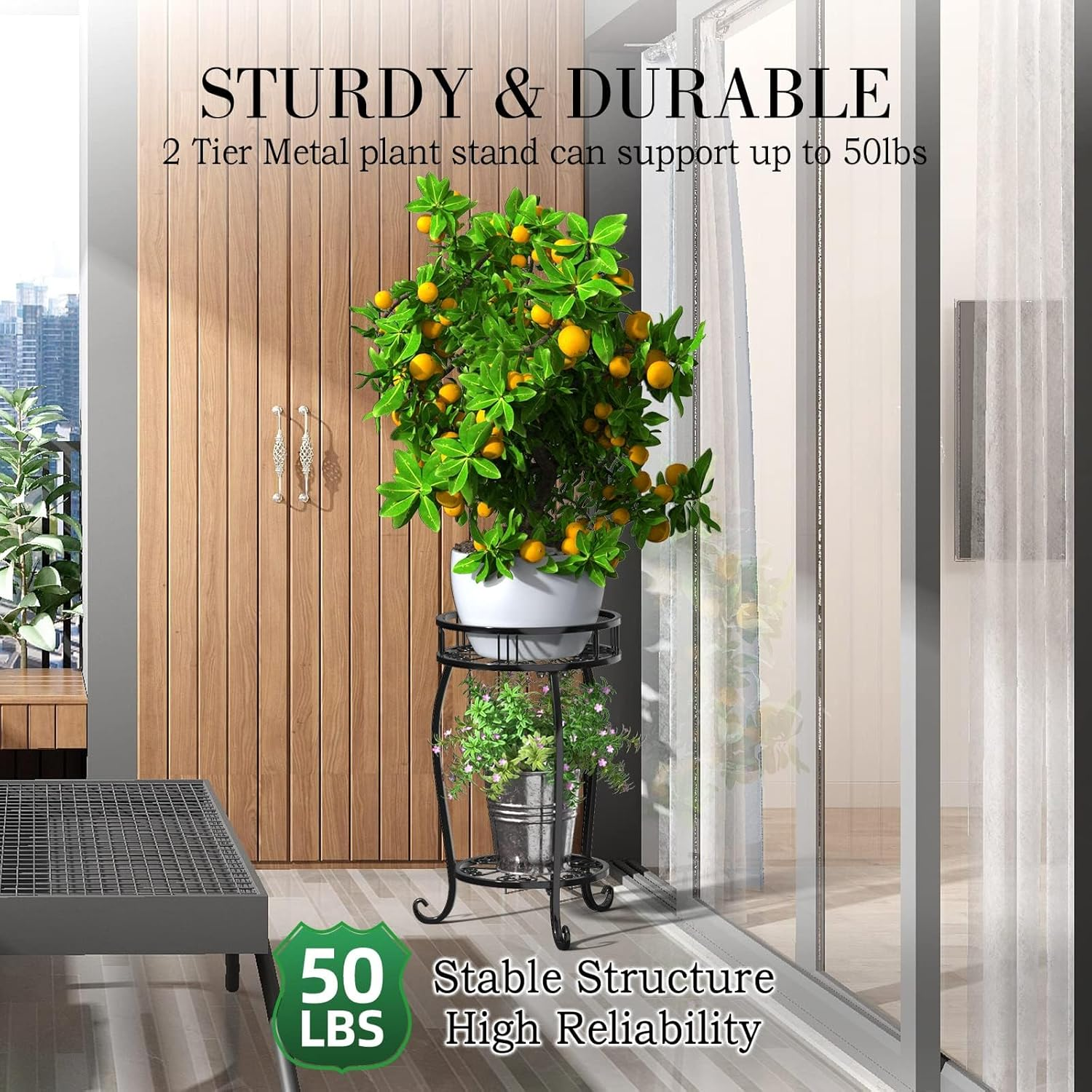 Stlove Metal Plant Stand,2 Tier 19.3 Inch Flower Stand Indoor Decor Flower Pot Shelf Black Iron Pot Stand Planter Holder for Flowerpot Home Garden Corner Porch(Pot & Plant Not Included) image number 2