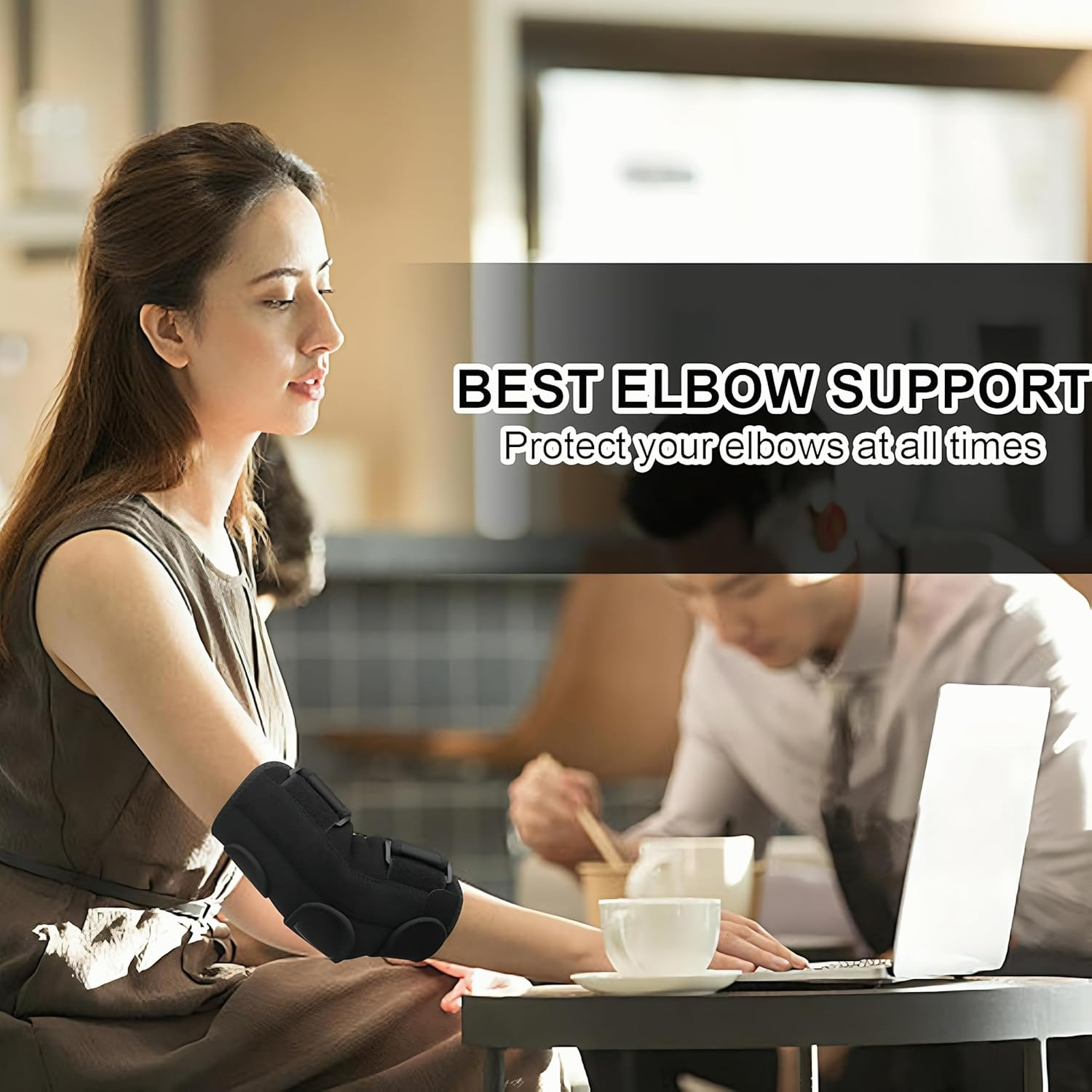 Elbow Brace with Splints, Adjustable Tennis Elbow Support Compression Sleeve Strap (Black) image number 6