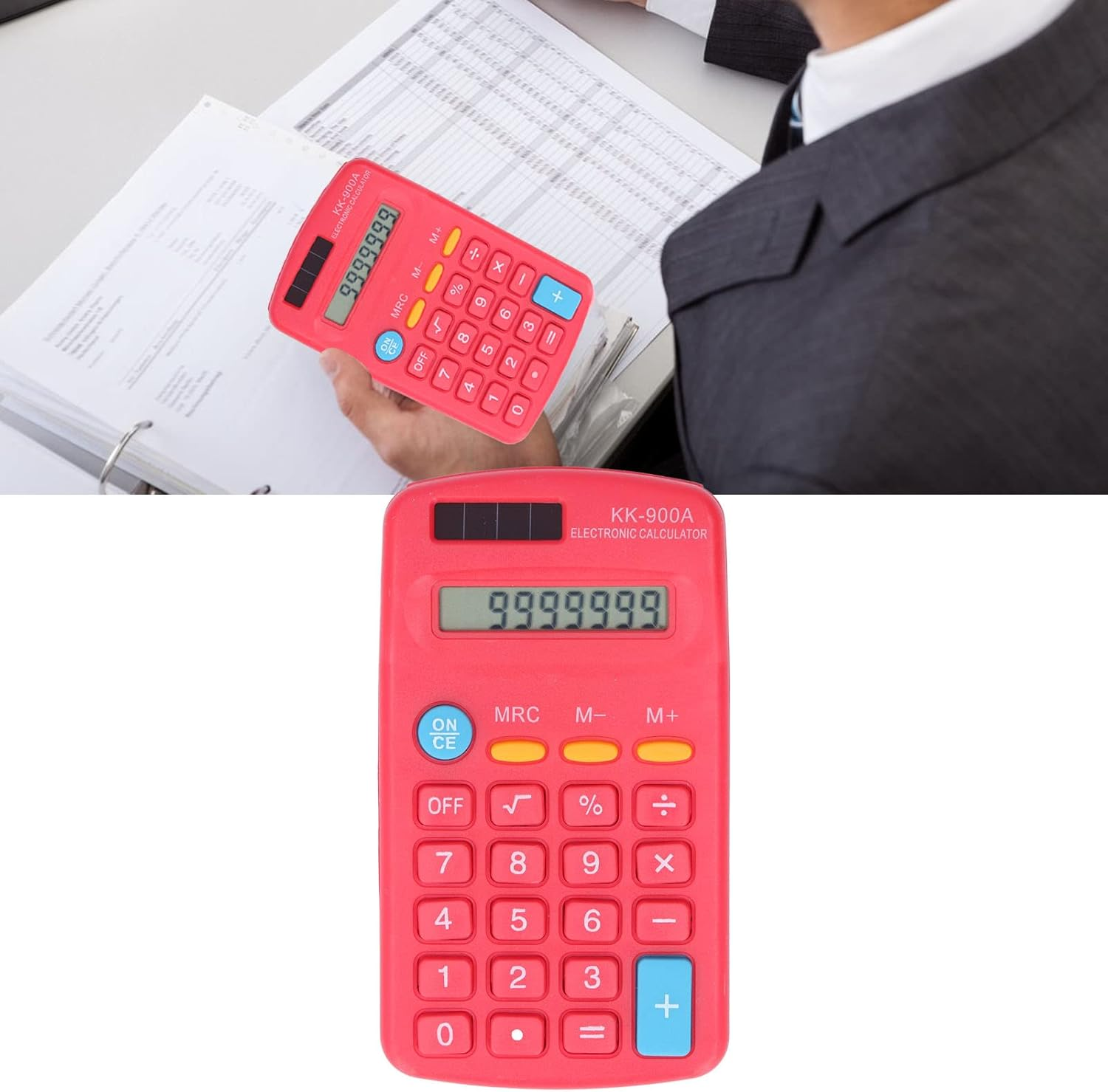 Mini Calculators, Electronic Desktop Calculator Handheld 8 Digit with LCD Display Sensitive Button Solar Battery Dual Power for Office School Business Calculating(Red) image number 3