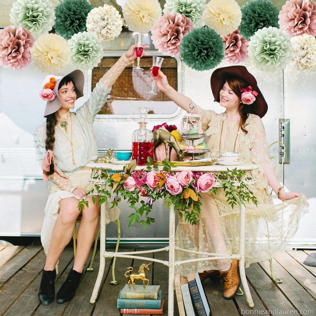 16Pcs Dusty Rose Olive Sage Green Tissue Paper Pom Poms Flowers Sage Green Dusty Pink Party Decorations for Bridal Shower Baby Shower Rustic Wedding Birthday Engagement Party Decorations image number 4