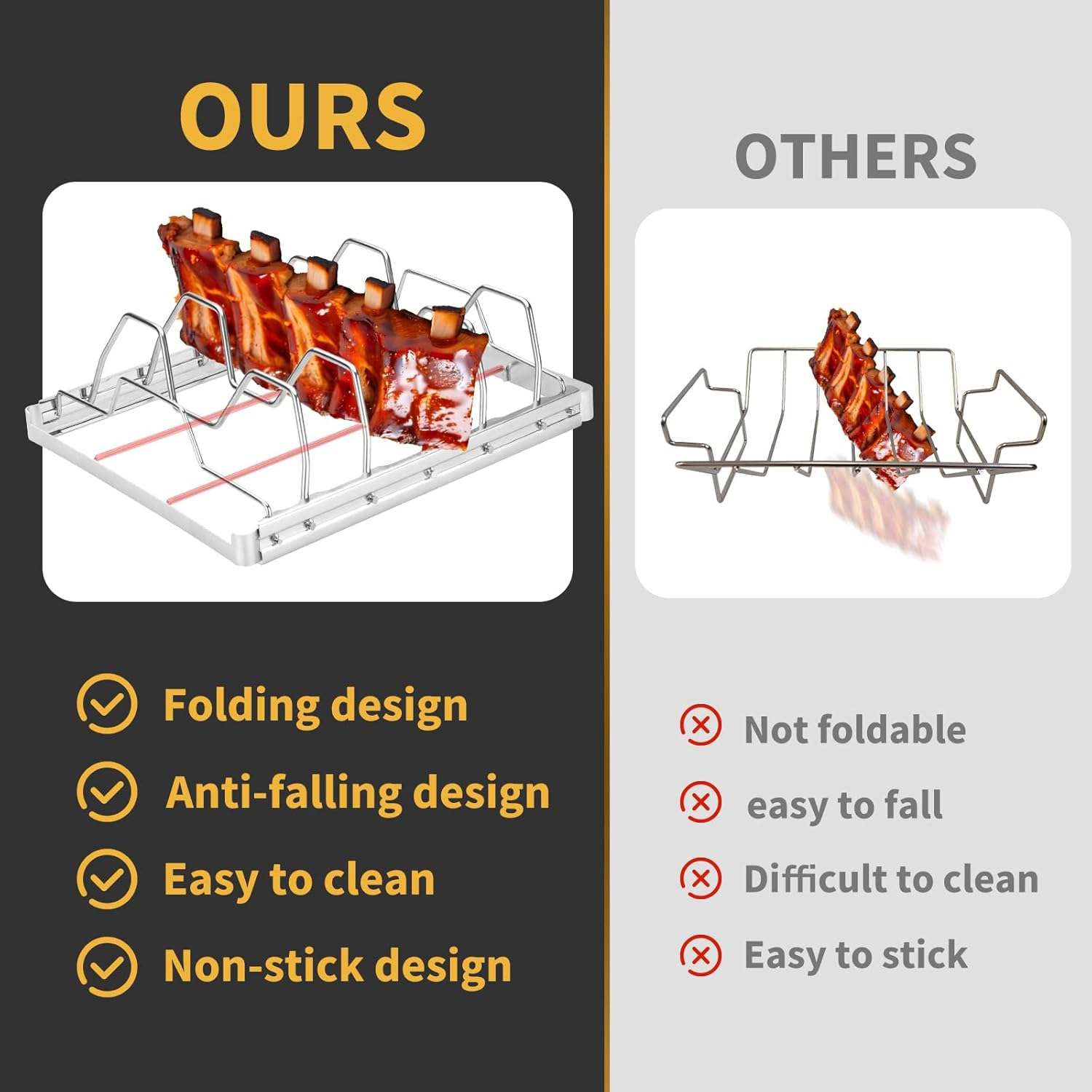 Rib Rack for Smoking, Stainless Steel 4 Slots Rib Racks for Grilling, Foldable Roasting Rack Easy to Use and Clean, Premium Durable Rib Rack Smoker Accessories (1 PCS) image number 2