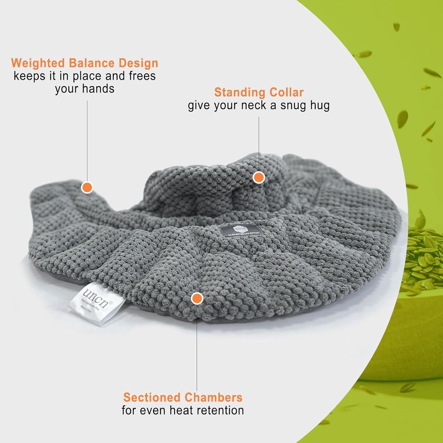 Uncn Microwavable Heating Pad for Neck, Shoulders Back Pain Relief | Large Wheat Bag Microwave Heat Pack | Heated Neck Wrap for Targeting Stress, Tension Relief and Relaxation Grey image number 4