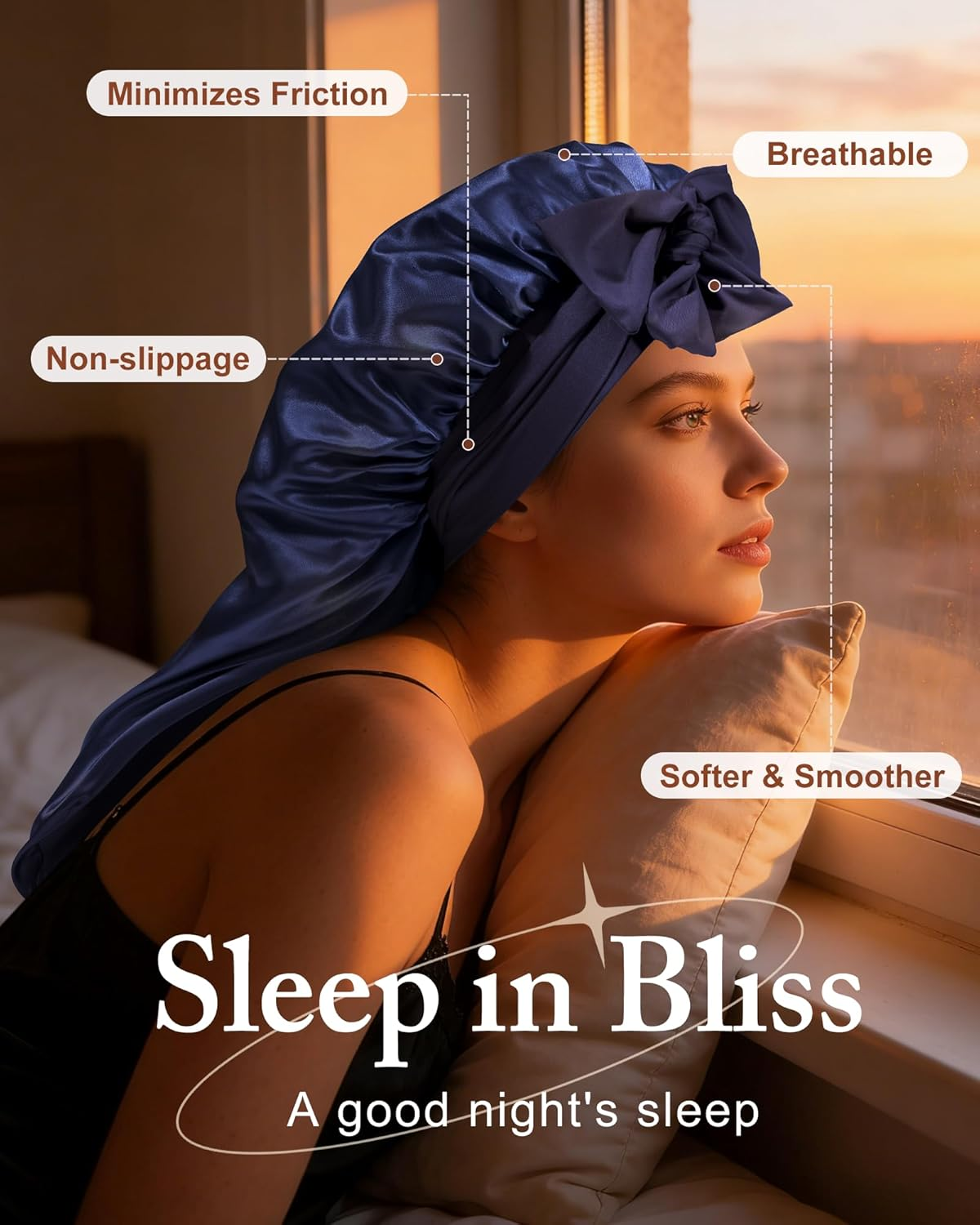 AWAYTR Long Satin Bonnet for Women - Double Layer Elastic Silk Bonnet for Braids Hair Sleeping Cap with Tie Band image number 6