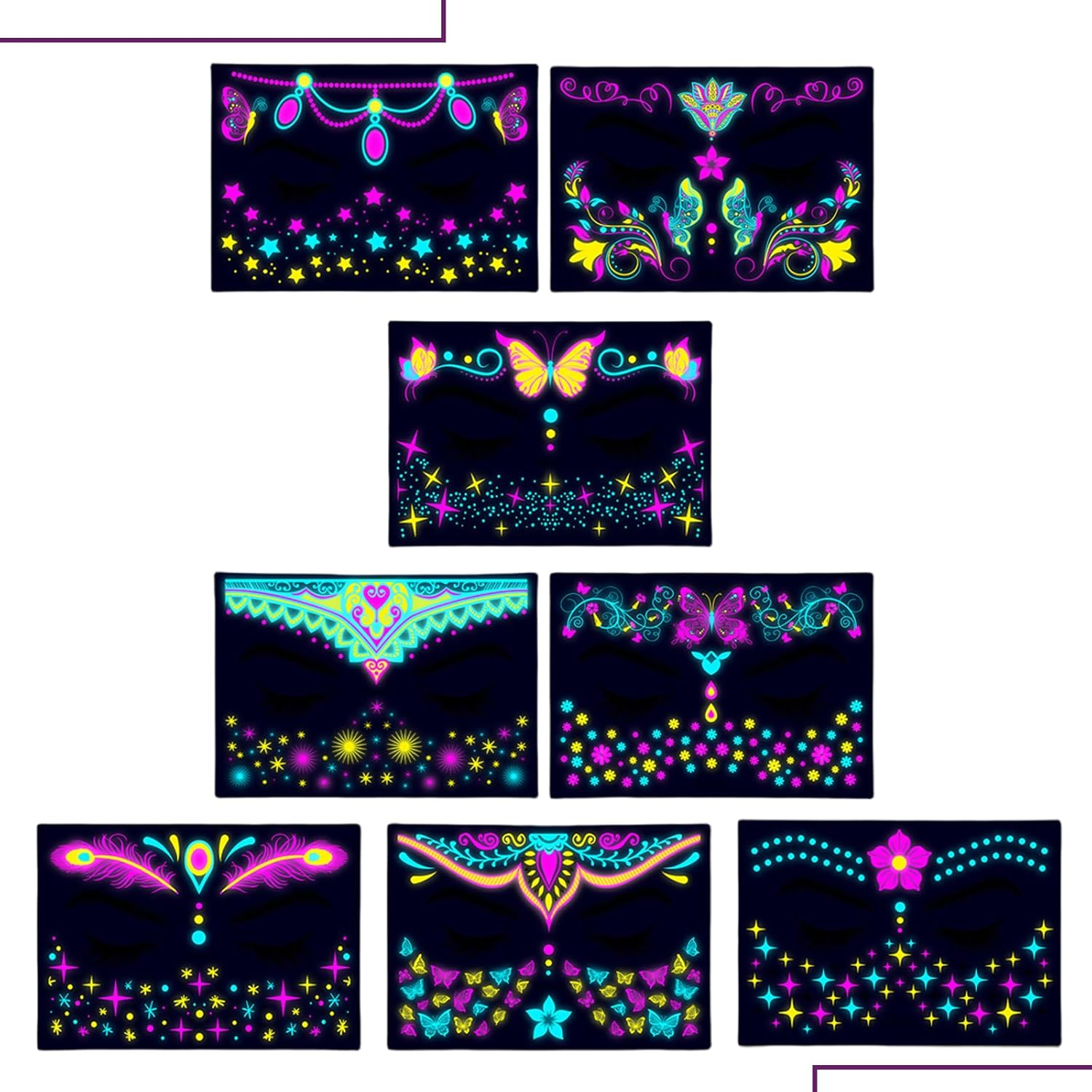 Treayes Glow in the Dark Temporary Tattoos, 8 Pcs Fake Tattoos Stickers, Fake Face Tattoos Stickers for Glow Party Adults Girls Women Festival Bar Party Supplies, Floral Body Paint Flowers Butterfly image number 4