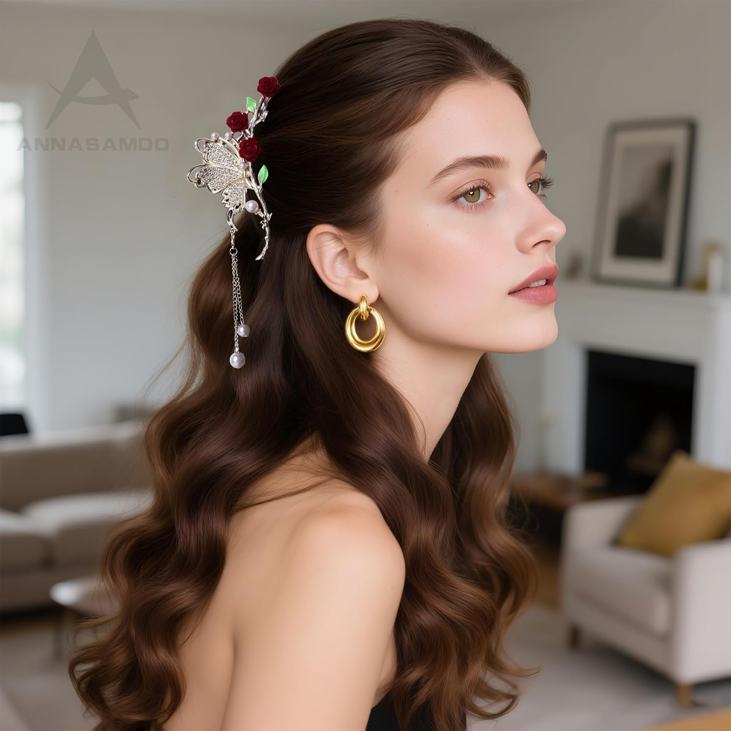 ANNASAMDO Pack of 4 Rose Flower Hair Clips Butterfly Large and Small with Tassel for Women Accessories image number 3