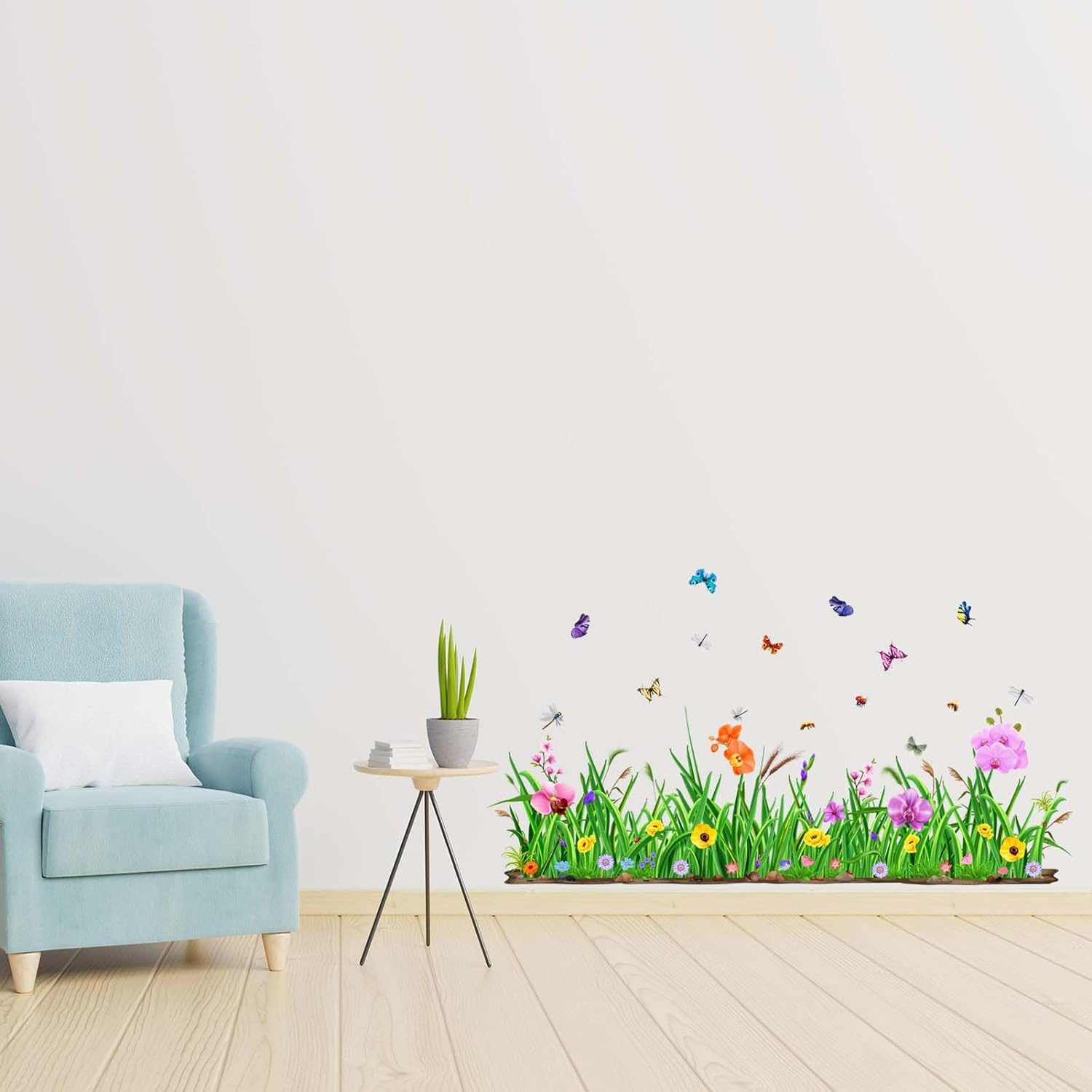 Green Grass Wall Corner Decals - Flowers Butterflies Baseboard Skirting Line Wall Stickers - Living Room Office Bedroom Sofa TV Background Home Wall Decor image number 5