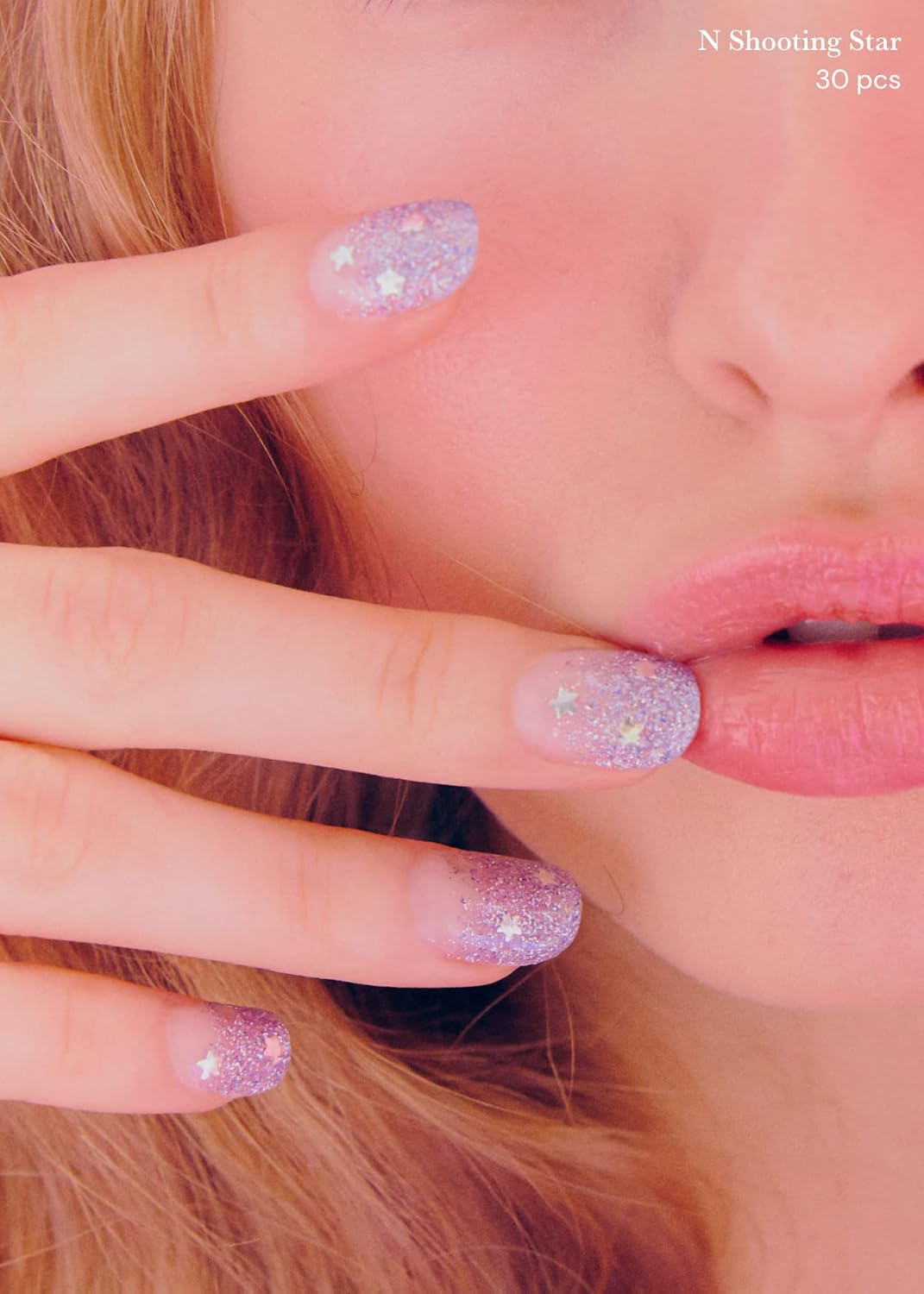 Ohora Semi Cured Gel Nail Strips (N Shooting Star) - Purple, Glitter, Works with UV/LED Lamps, Salon-Quality, Long Lasting, Easy to Apply & Remove - Includes 2 Prep Pads, Nail File & Wooden Stick